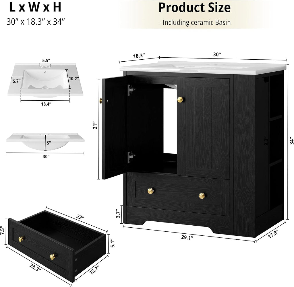 IRONCK Bathroom Vanity with Ceramic Sink, 30" Bathroom Cabinet, Black