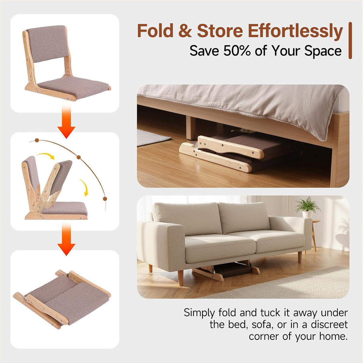 Tiita 2-Pack Foldable Meditation Floor Chairs with Back Support, Wood Grey