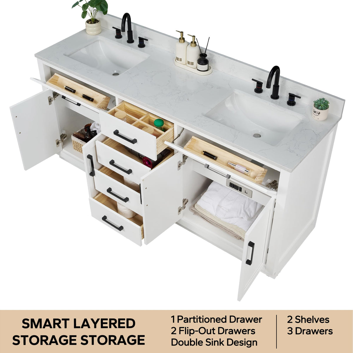 48-inch Dark Walnut Bathroom Vanity with Sink, Solid Wood, 0.79-inch Stone Countertop and Backsplash, 9 Drawers, 2 Soft Closing Doors