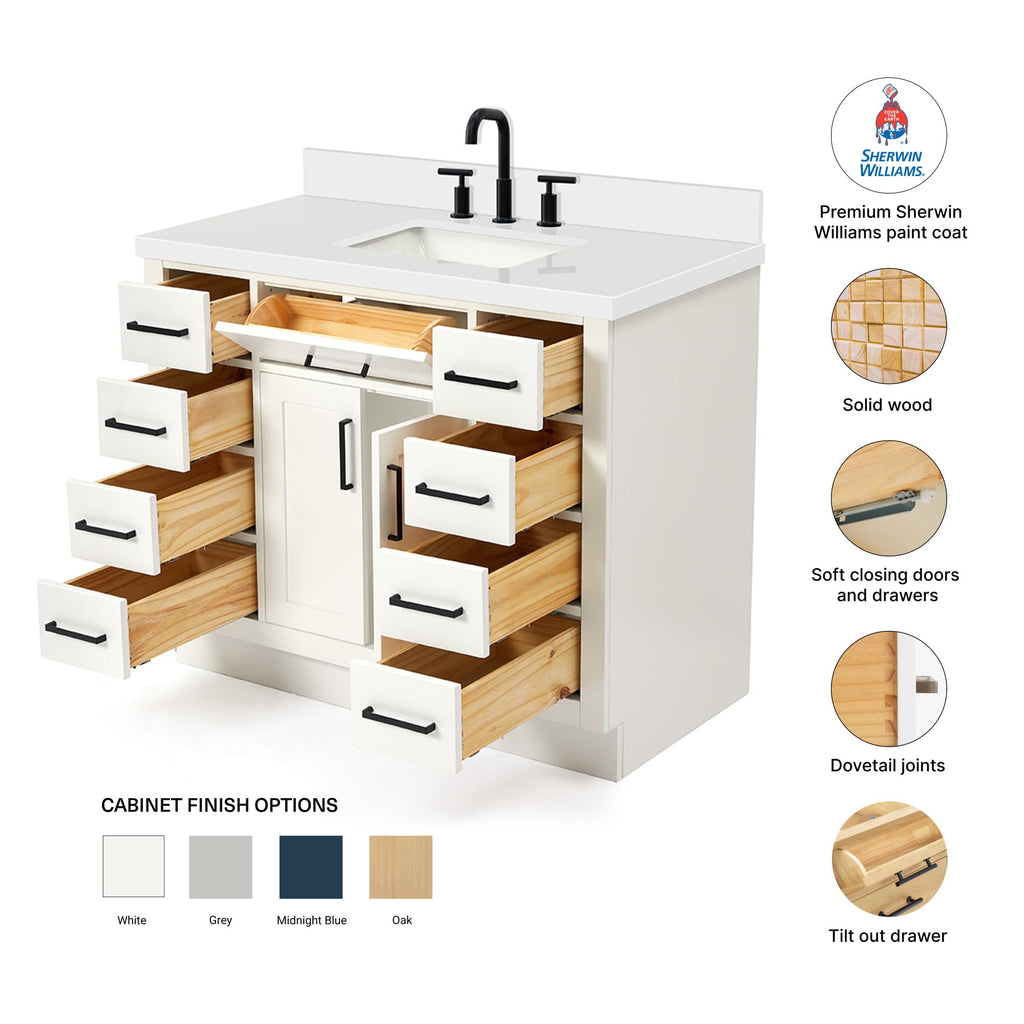 DKB Beckford 42-Inch White Bathroom Vanity with Sink, Solid Wood Base Cabinet, 1.5" White Quartz Countertop, Rectangular Sink, 2 Soft Closing Doors, 9 Drawers