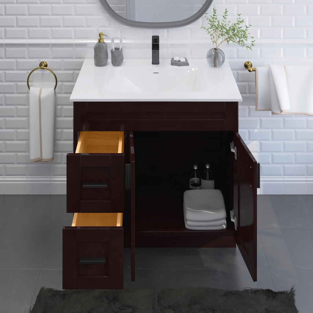 36" Maple Walnut Bathroom Vanity Base â Ready-to-Assemble Sink Cabinet with Drawers, Shaker Style Storage, Base Only, No Top or Sink