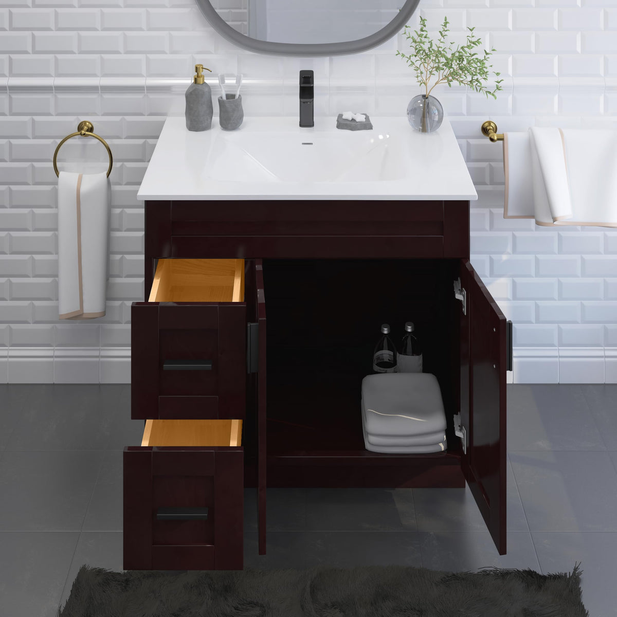 36" Maple Walnut Bathroom Vanity Base â Ready-to-Assemble Sink Cabinet with Drawers, Shaker Style Storage, Base Only, No Top or Sink