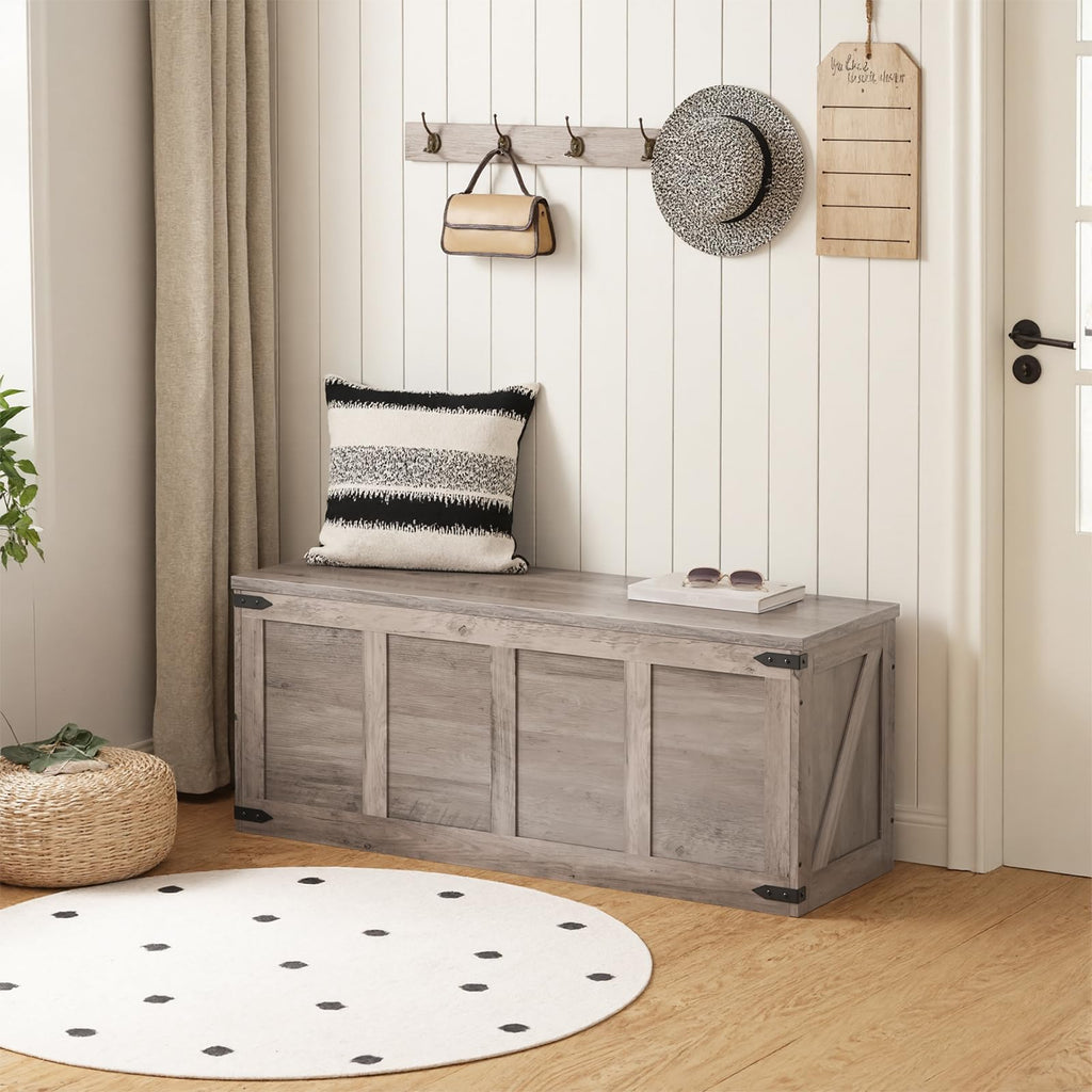 HOOBRO 47.2âStorage Bench Large, Toy Box with 2 Safety Hinges, Farmhouse Wooden Storage Chest, Easy Assembly for Bedroom, Living Room, Entryway, White and Walnut WH520CW01