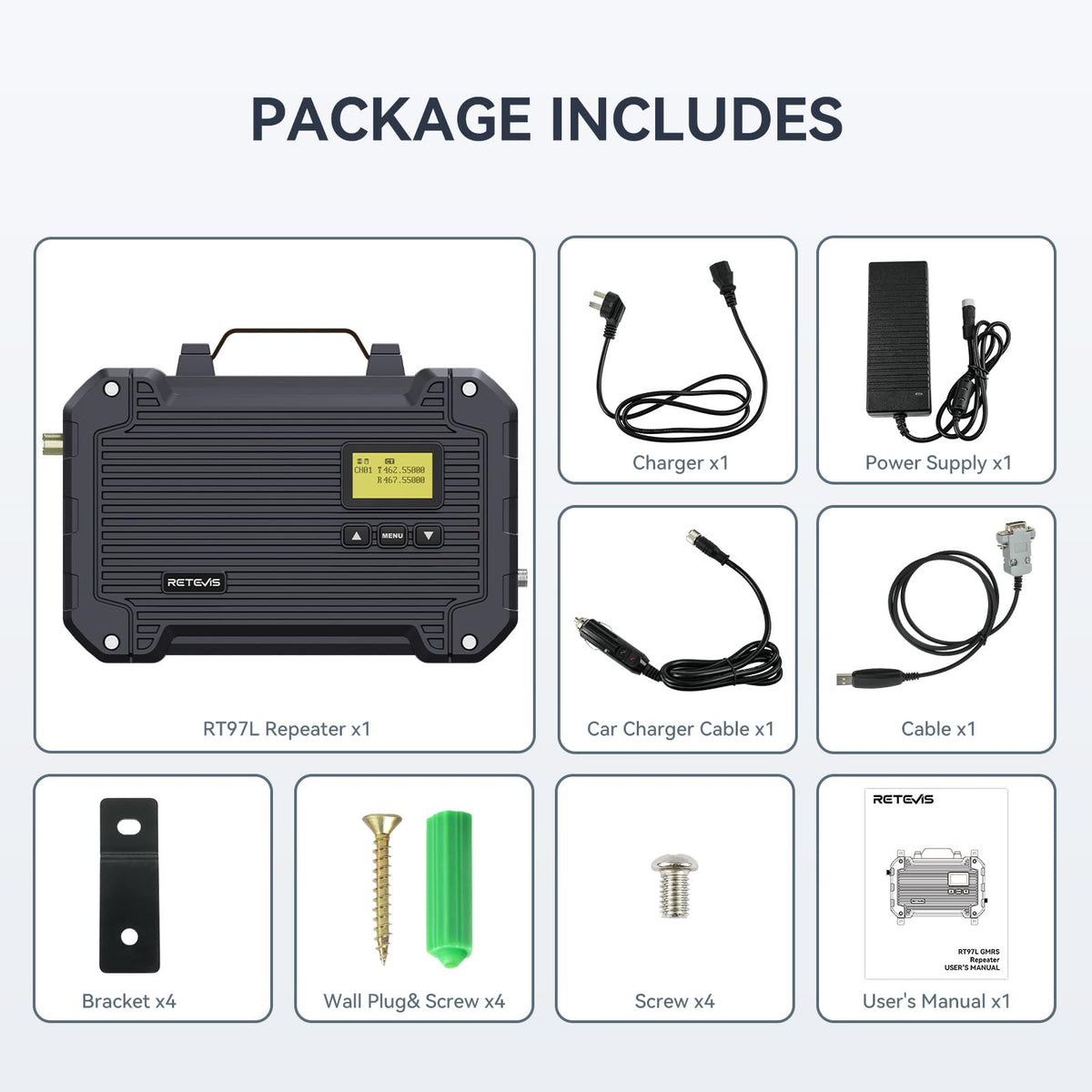 Retevis RT97L GMRS Repeater System, High Power with FRP Antenna & Cable