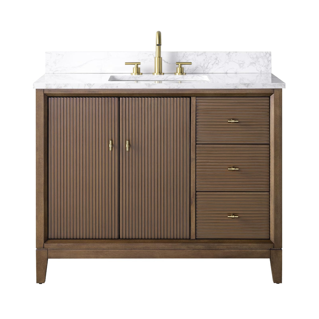 Vanity Art 72" Bathroom Vanity with Double Sink & Arabescato White Engineered Stone Top, Vanity Cabinet with Soft Closing Door, Solid Wood Frame, Golden Brushed Handles, Walnut VA8172D-Walnut-GB