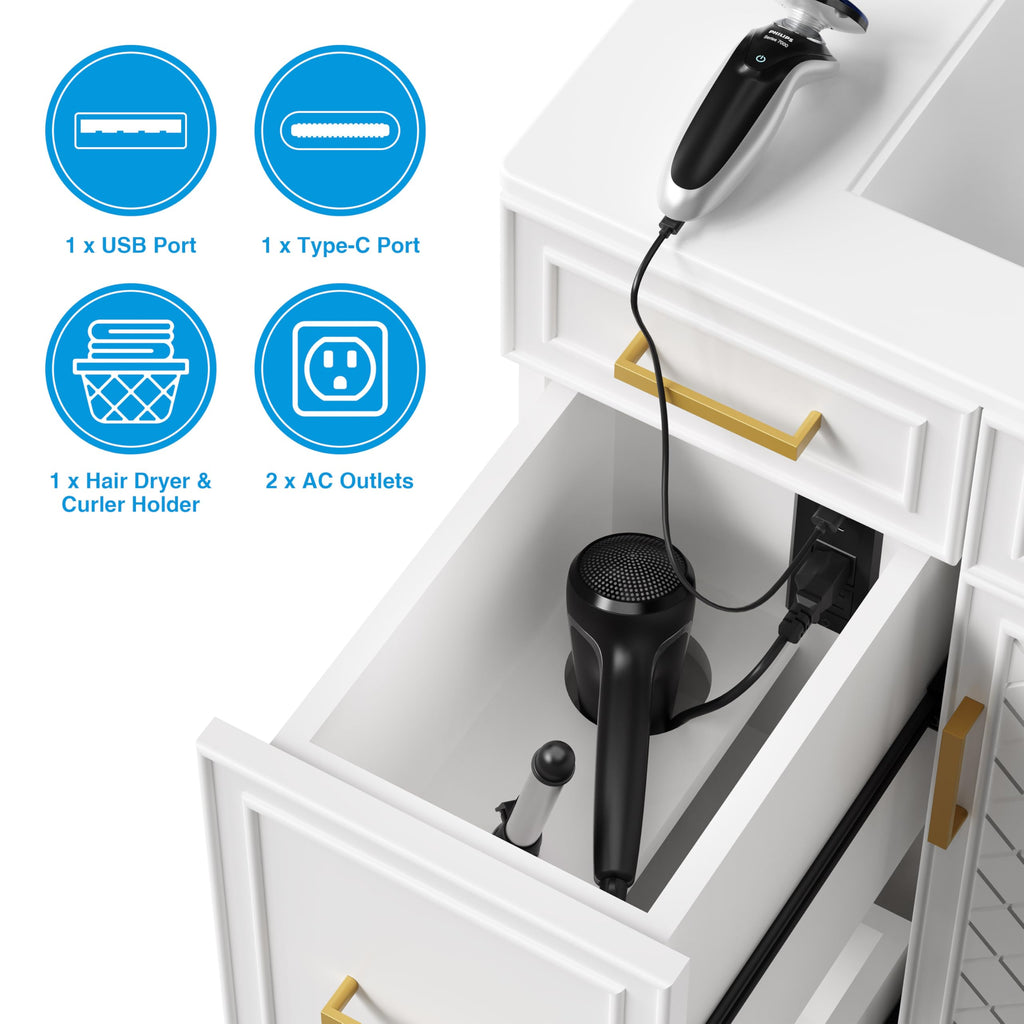 30" Bathroom Vanity with Sink, Solid Wood Frame Modern with Charging Station, Bathroom Single Sink Cabinet with 2 Drawers and 1 Doors, Gold Metal Handles, Black