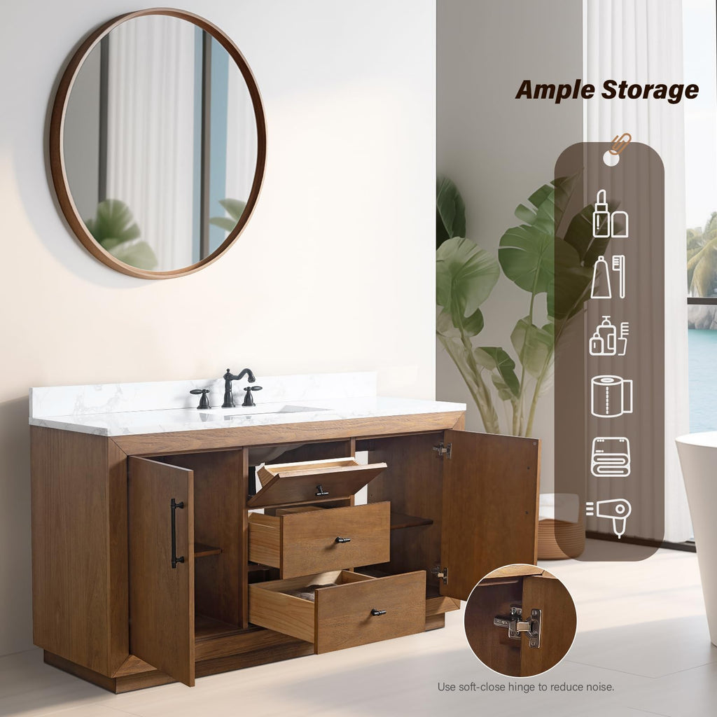 HOMEBEYOND 72" Bathroom Vanity with Double Sink & Ceramic Top, MDF Material Vanity Cabinet with Basin Combo, Soft-Closing Doors, Removable Shelf, Backsplash, Tan
