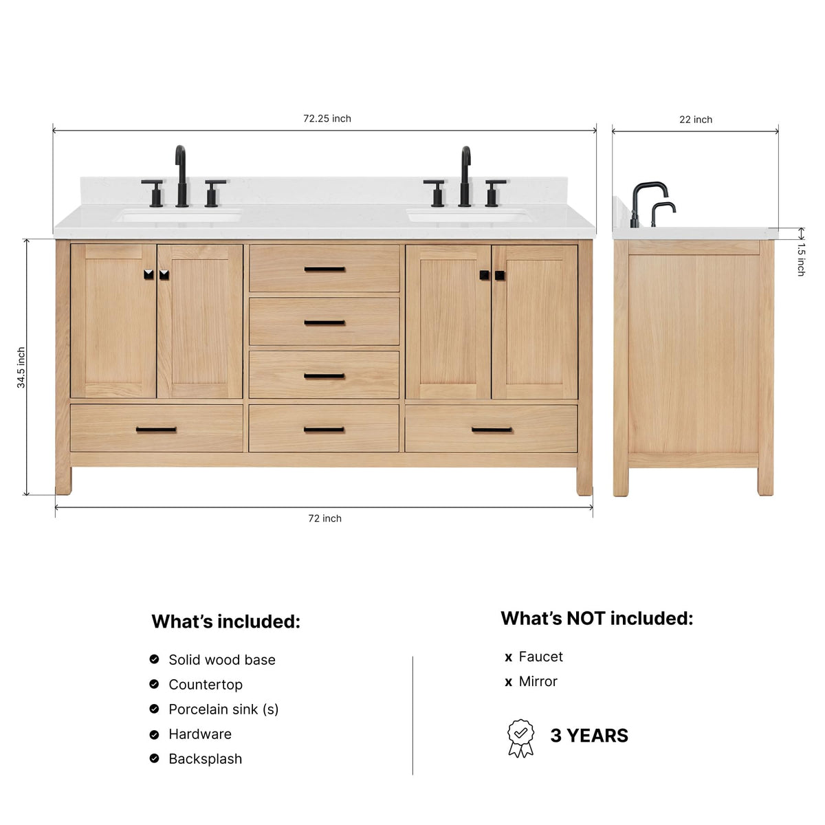 DKB Emilia 72 Inch Bathroom Vanity Double Sink â White Bathroom Vanity with Sink, 1.5" Edge Carrara White Quartz Countertop & Backsplash, 4 Soft-Close Doors, and 6 Dovetail Drawers