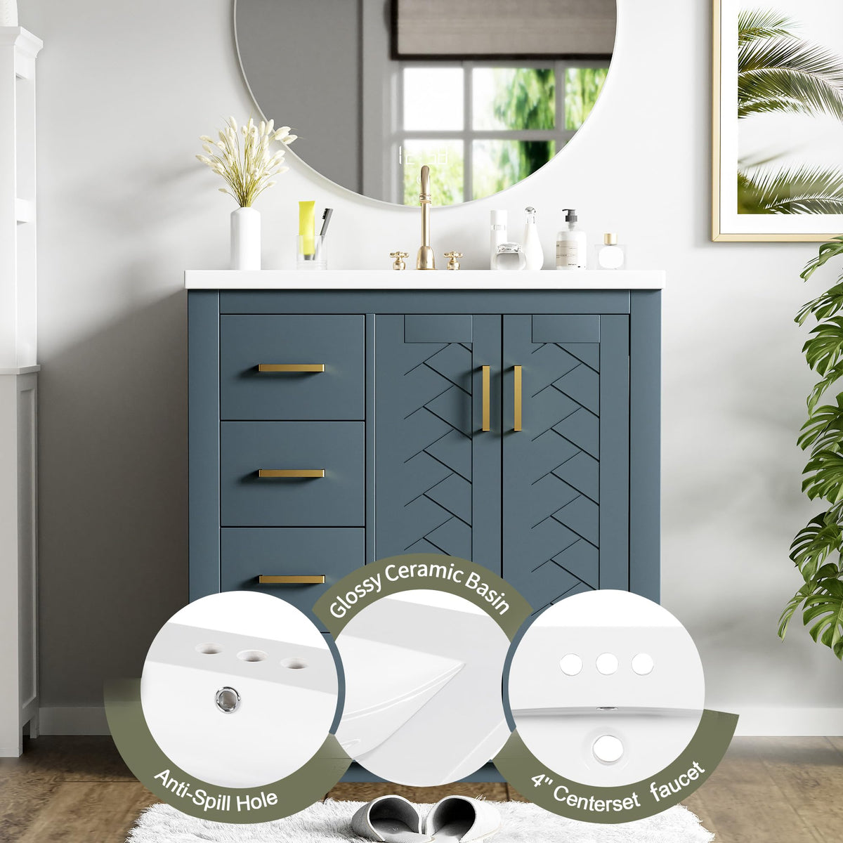 30 Inch Green Bathroom Vanity with Sink & Gold Handles,Light Luxury