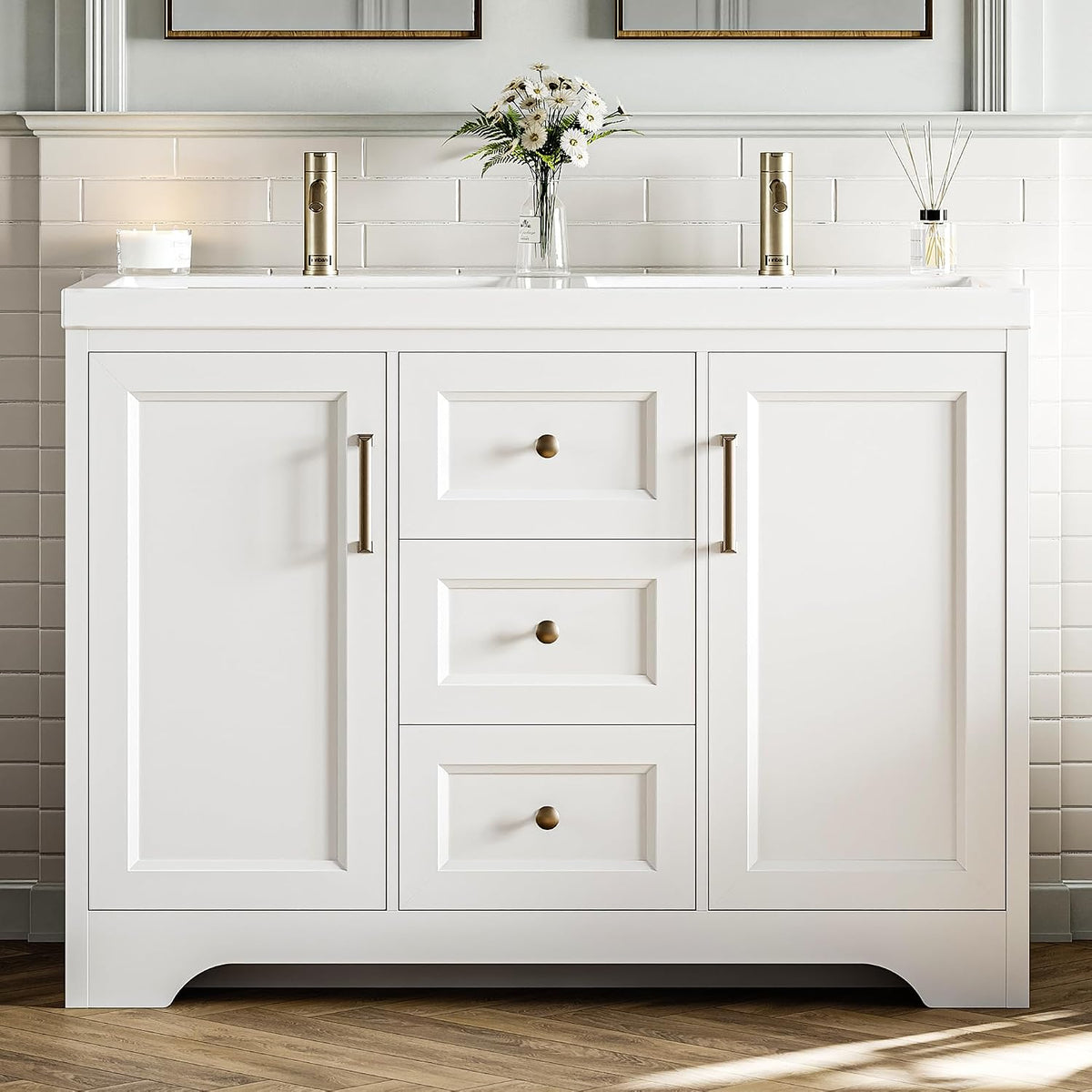 LIKIMIO 47.2" Bathroom Vanity with Sink, 3 Drawers & 2 Doors, White