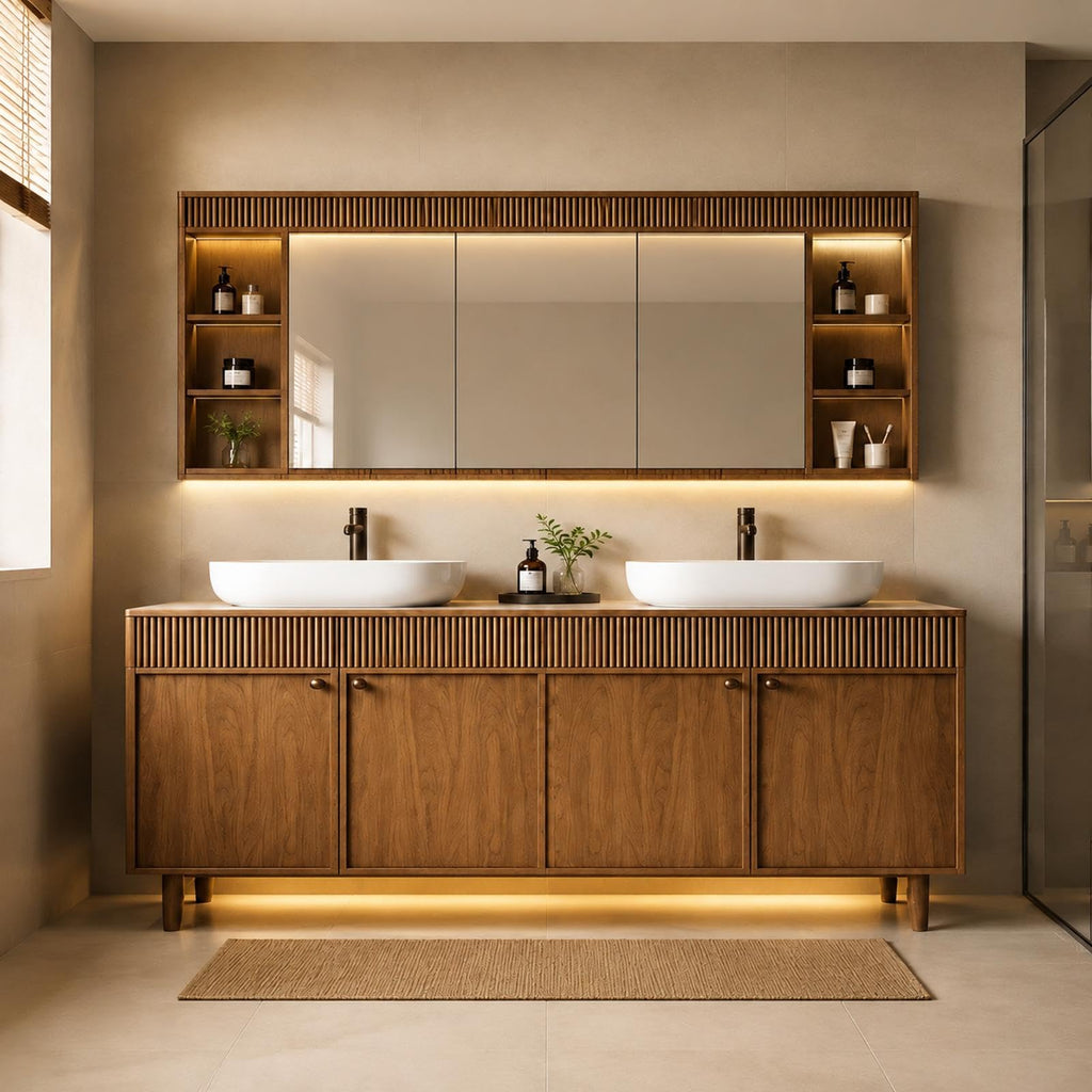 70 IN Freestanding Double Bathroom Vanity with Sinks & LED Mirror Cabinet