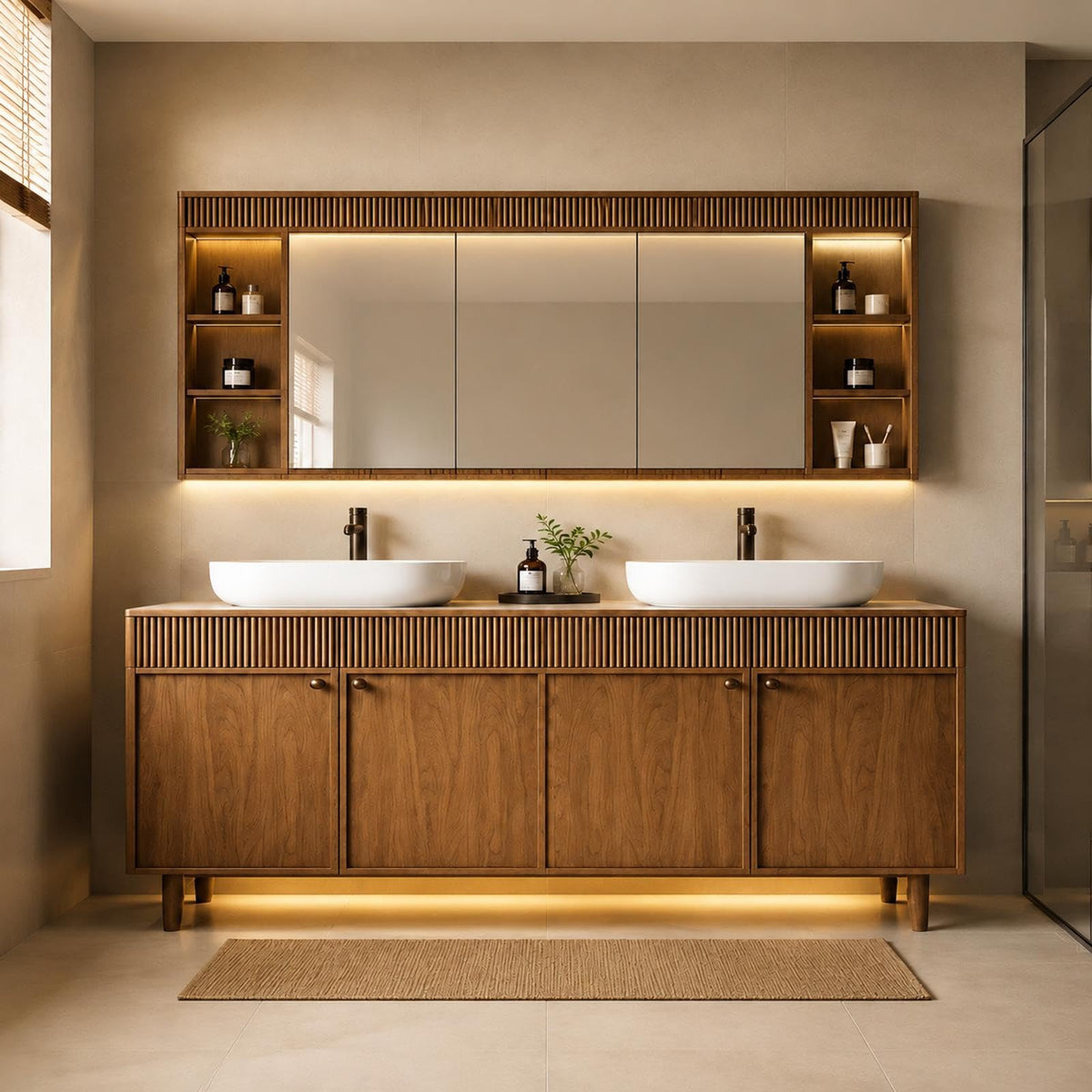 70 IN Freestanding Double Bathroom Vanity with Sinks & LED Mirror Cabinet