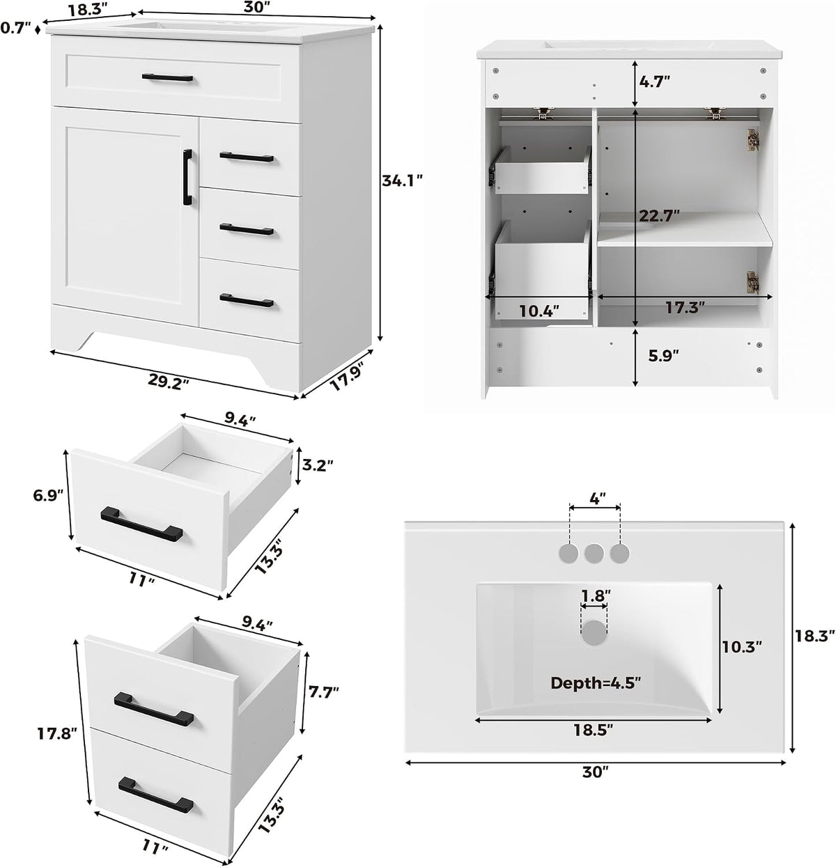 LIKIMIO 30" Bathroom Vanity with Sink, Tip-Out Drawer & 2 Drawers, 1 Door