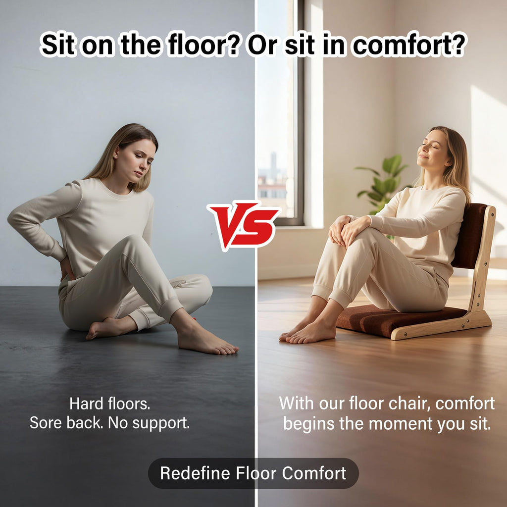 Tiita 2-Pack Foldable Meditation Floor Chairs with Back Support, Wood Grey