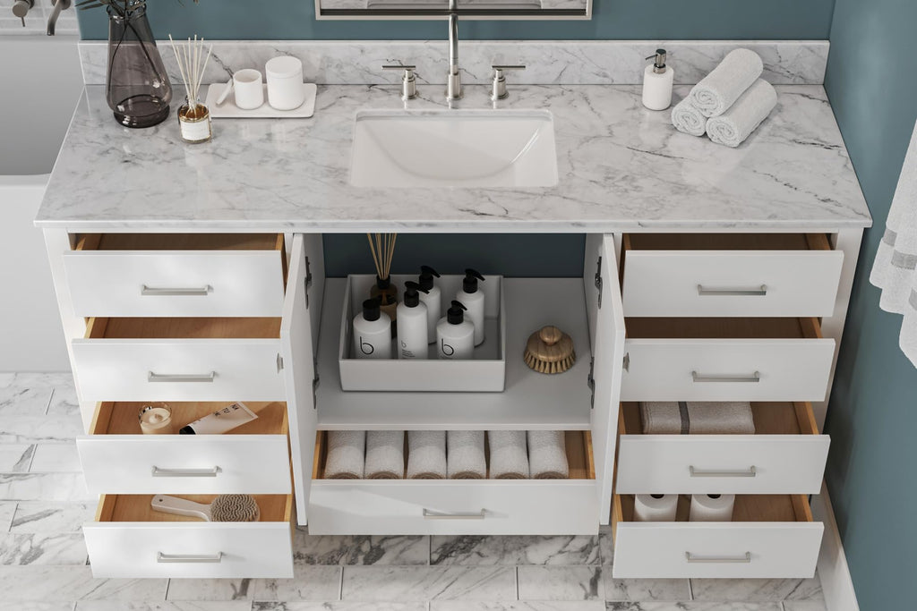 ARIEL Cambridge 66-inch Bathroom Vanity with Sink,Solid Wood, 1.5-inch Italian Carrara Marble Countertop, Single Rectangular Porcelain Sink, 2 Soft Closing Doors, 9 Dovetail Drawers, Midnight Blue