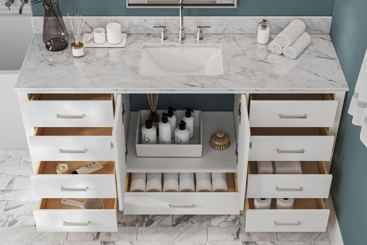 ARIEL Cambridge 66-inch Bathroom Vanity with Sink,Solid Wood, 1.5-inch Italian Carrara Marble Countertop, Single Rectangular Porcelain Sink, 2 Soft Closing Doors, 9 Dovetail Drawers, Midnight Blue