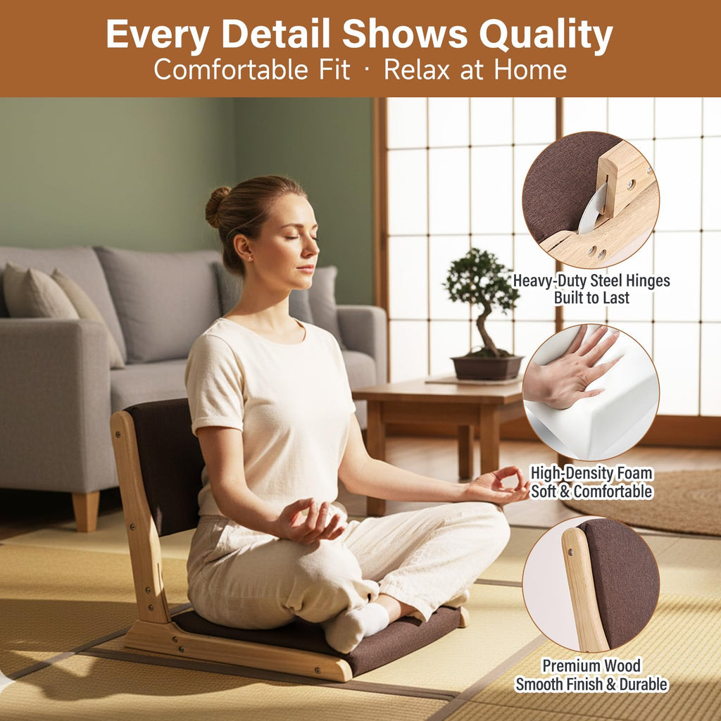 Tiita 2-Pack Foldable Meditation Floor Chairs with Back Support, Wood Grey