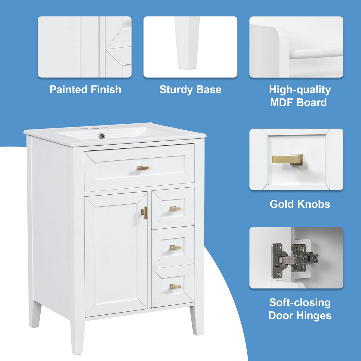 36 Inch Bathroom Vanities with Undermount Ceramic Sink, Storage Cabinet with Soft Closing Doors and Three Drawers, Solid Wood Frame, Natural Wood