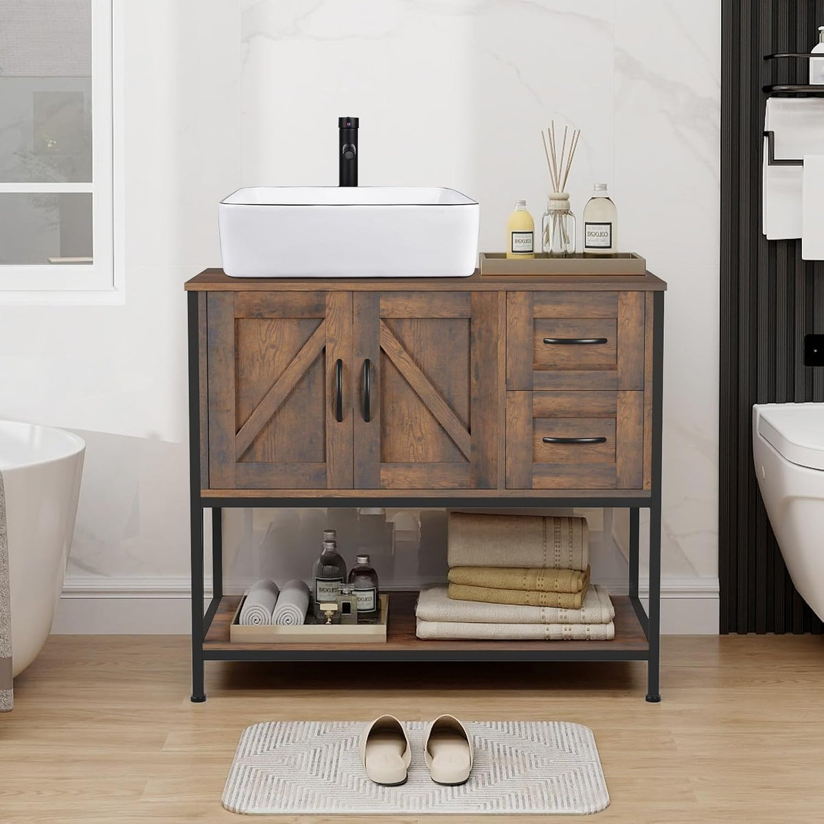 YOURLITE 36-Inch Farmhouse Bathroom Vanity with Vessel Sink, Rustic Brown