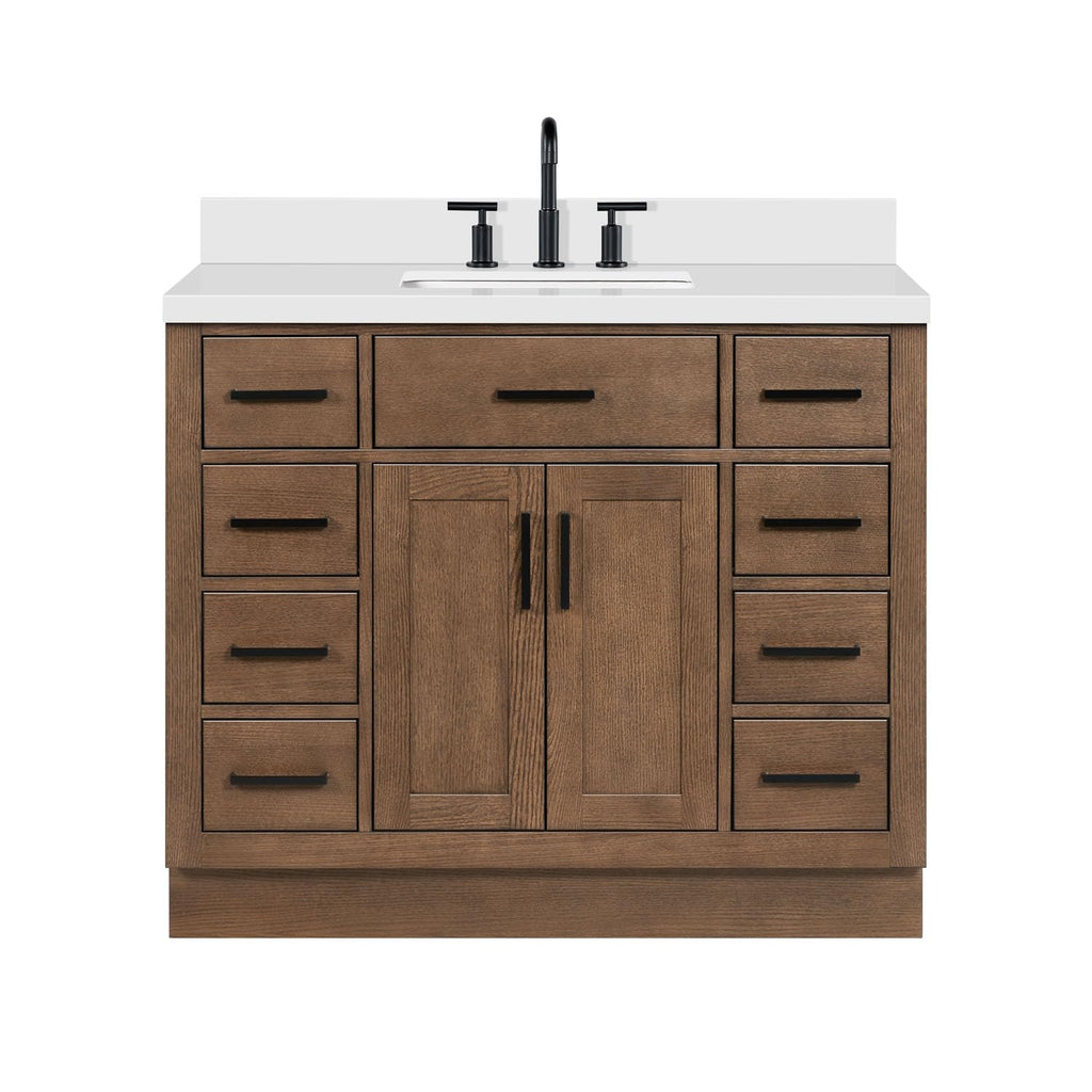 DKB Beckford 42-Inch White Bathroom Vanity with Sink, Solid Wood Base Cabinet, 1.5" White Quartz Countertop, Rectangular Sink, 2 Soft Closing Doors, 9 Drawers
