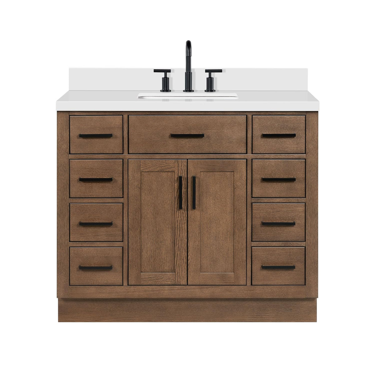 DKB Beckford 42-Inch White Bathroom Vanity with Sink, Solid Wood Base Cabinet, 1.5" White Quartz Countertop, Rectangular Sink, 2 Soft Closing Doors, 9 Drawers