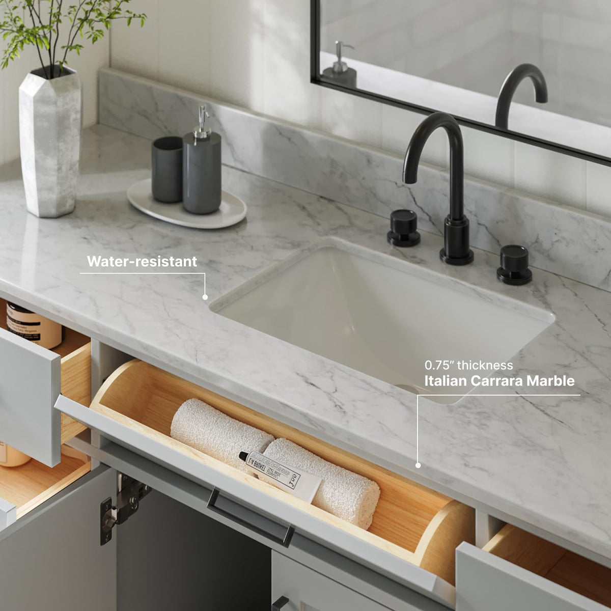 ARIEL Hepburn 66-inch Bathroom Vanity with Sink,Solid Wood, 1.5-inch Pure White Quartz Countertop & Backsplash, Single Rectangular Porcelain Sink, 2 Soft Closing Doors, 9 Dovetail Drawers, White