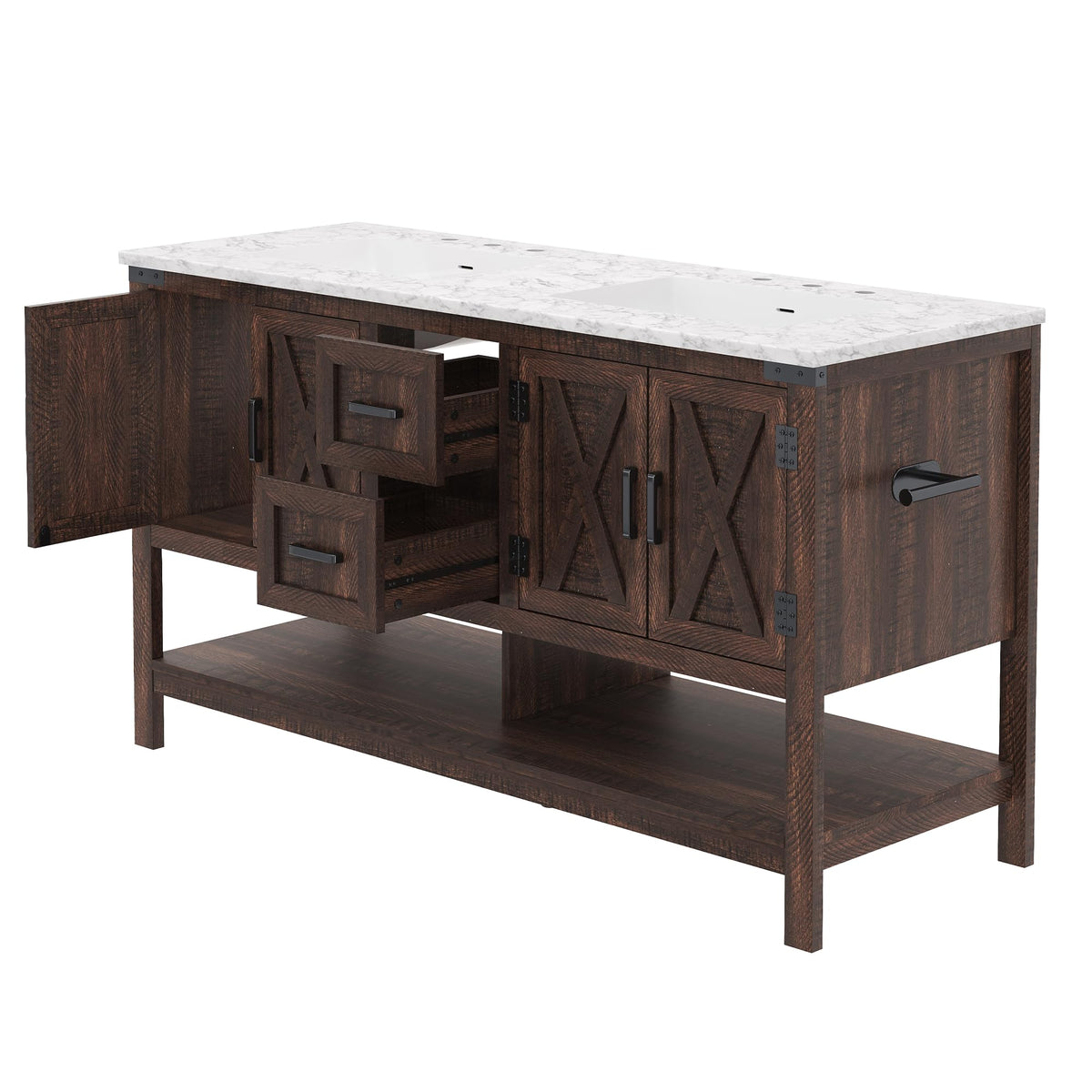 AMERLIFE 48" White Farmhouse Sink Bathroom Vanity, Solid White Top