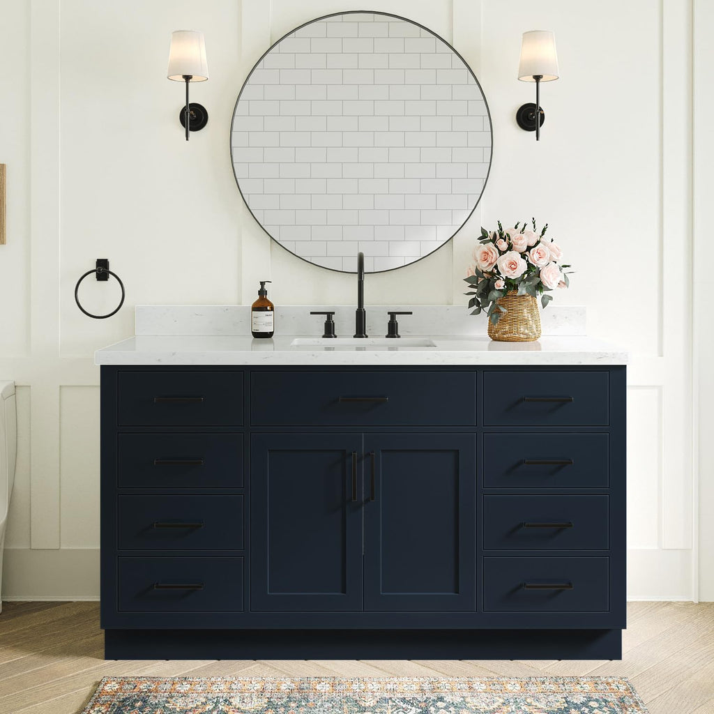 ARIEL Hepburn 60-inch Bathroom Vanity with Sink,Solid Wood, 1.5-inch Carrara White Quartz Countertop & Backsplash, Single Rectangular Porcelain Sink, 2 Soft Closing Doors, 9 Dovetail Drawers, Black