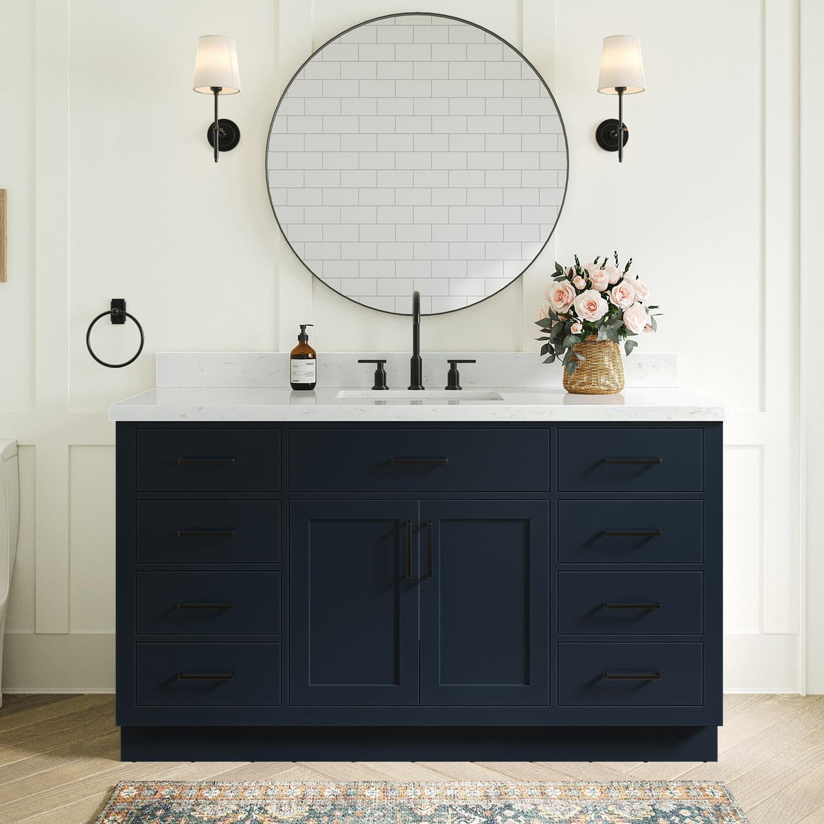 ARIEL Hepburn 60-inch Bathroom Vanity with Sink,Solid Wood, 1.5-inch Carrara White Quartz Countertop & Backsplash, Single Rectangular Porcelain Sink, 2 Soft Closing Doors, 9 Dovetail Drawers, Black