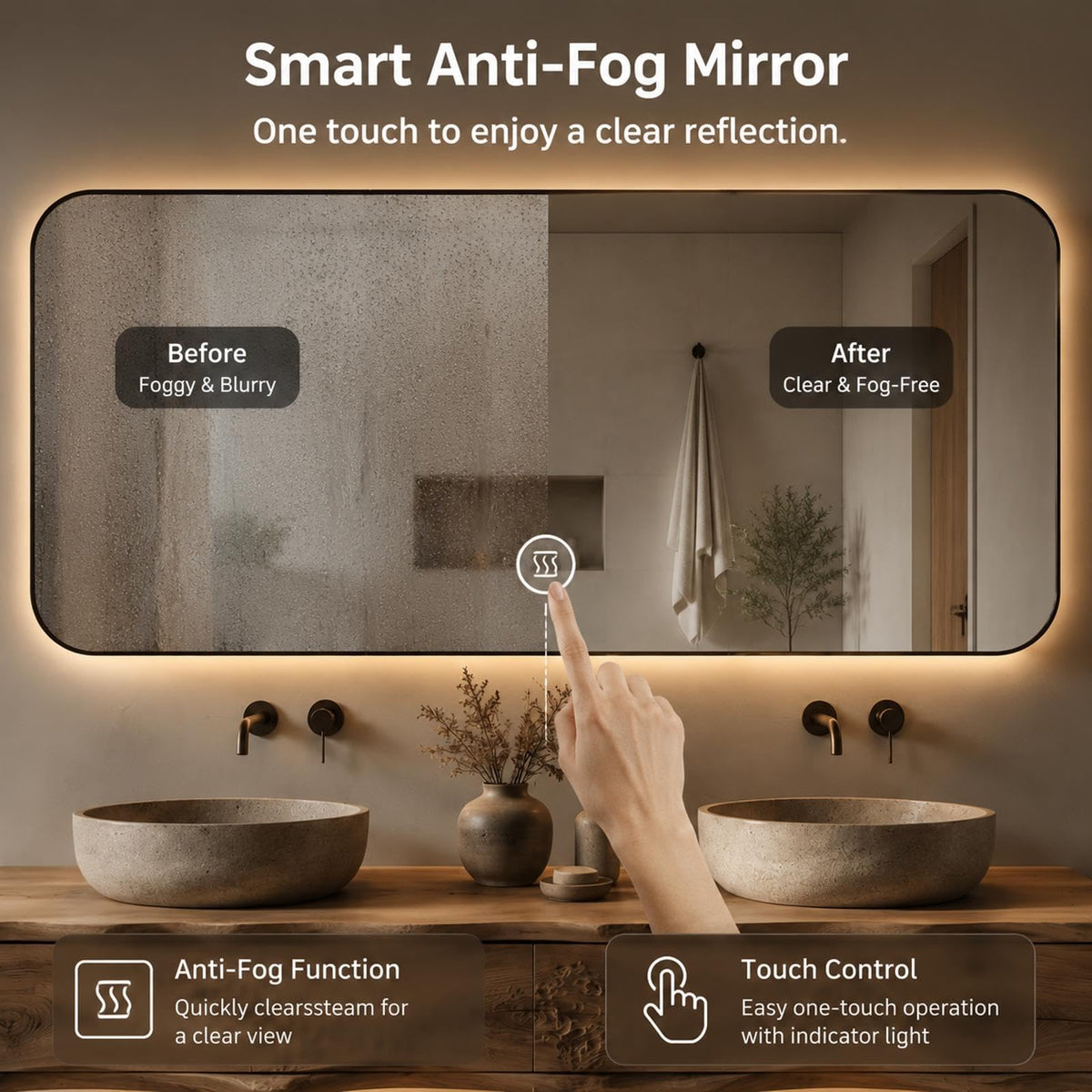52 in Floating Double Bathroom Vanity with Vessel Sinks & LED Mirror Cabinet
