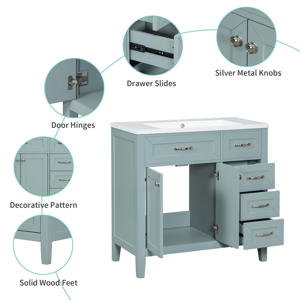 36 Inch Bathroom Vanities with Undermount Ceramic Sink, Storage Cabinet with Soft Closing Doors and Three Drawers, Solid Wood Frame, Natural Wood