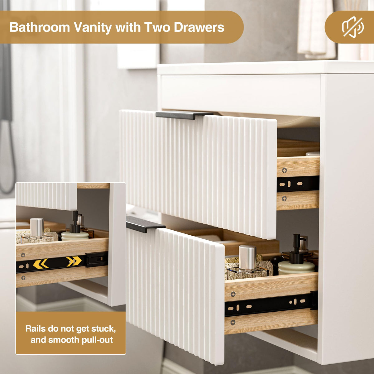 24 Inches Modern MDF Bathroom Vanity with Sink, Wall Mounted Floating Cabinets w/Double Drawers, Black Handles, White Resin Sink Combo Set (Black, 24")
