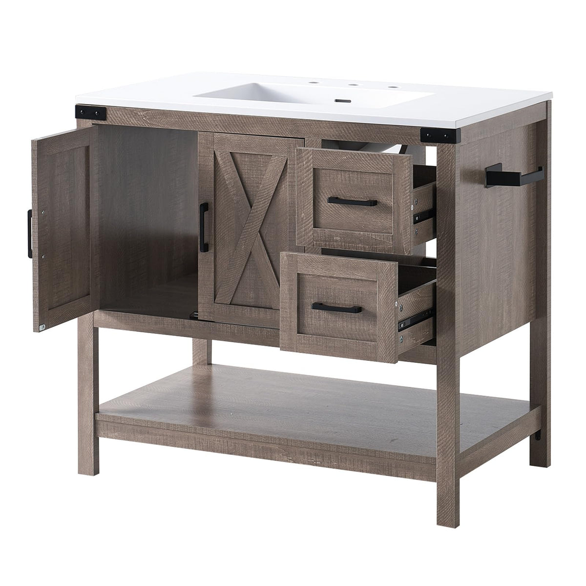AMERLIFE 48" White Farmhouse Sink Bathroom Vanity, Solid White Top