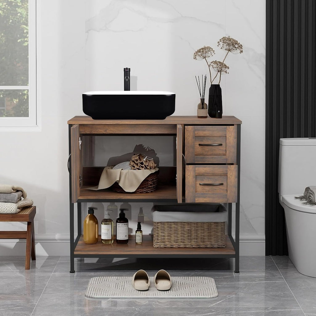 YOURLITE 36-Inch Farmhouse Bathroom Vanity with Vessel Sink, Rustic Brown