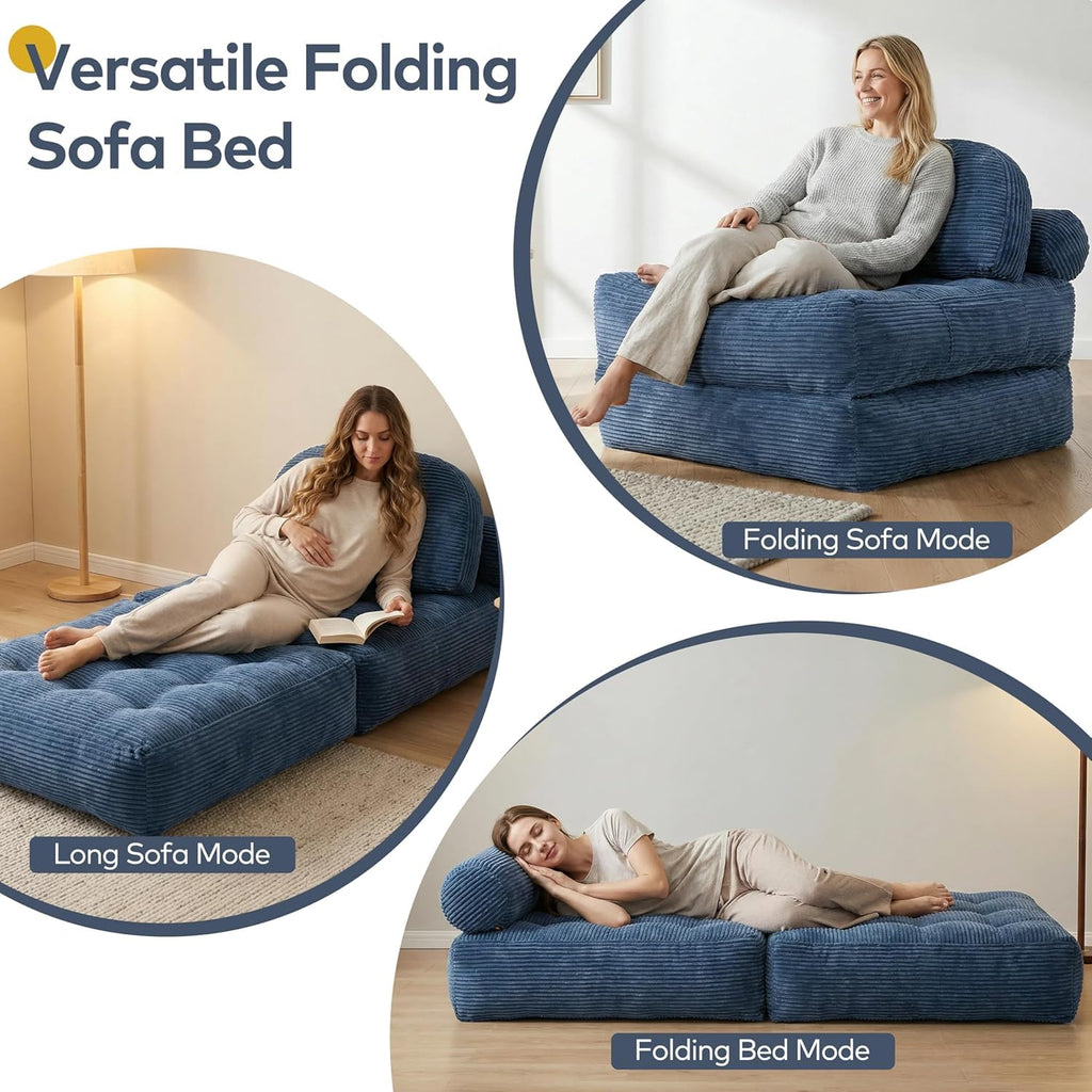 Convertible Corduroy Floor Sofa, 3-in-1 Folding Lazy Sofa Bed with Adjustable Backrest, Soft Bean Bag Chair Lounger for Living Room, Bedroom, Guest Room, Oversized Sleeper Chair