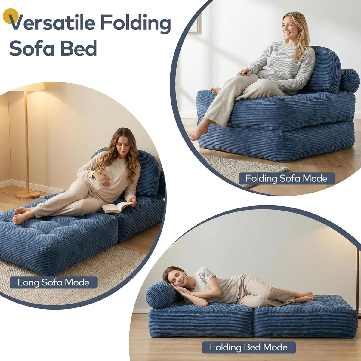 Convertible Corduroy Floor Sofa, 3-in-1 Folding Lazy Sofa Bed with Adjustable Backrest, Soft Bean Bag Chair Lounger for Living Room, Bedroom, Guest Room, Oversized Sleeper Chair