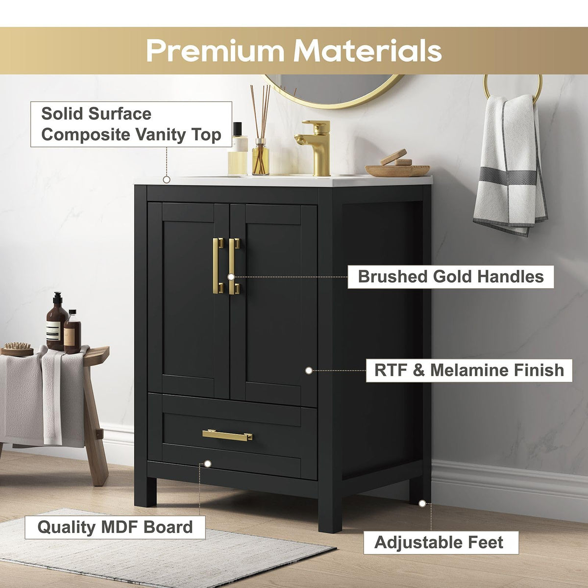 36 Inch Modern Bathroom Vanity with Sink, Black