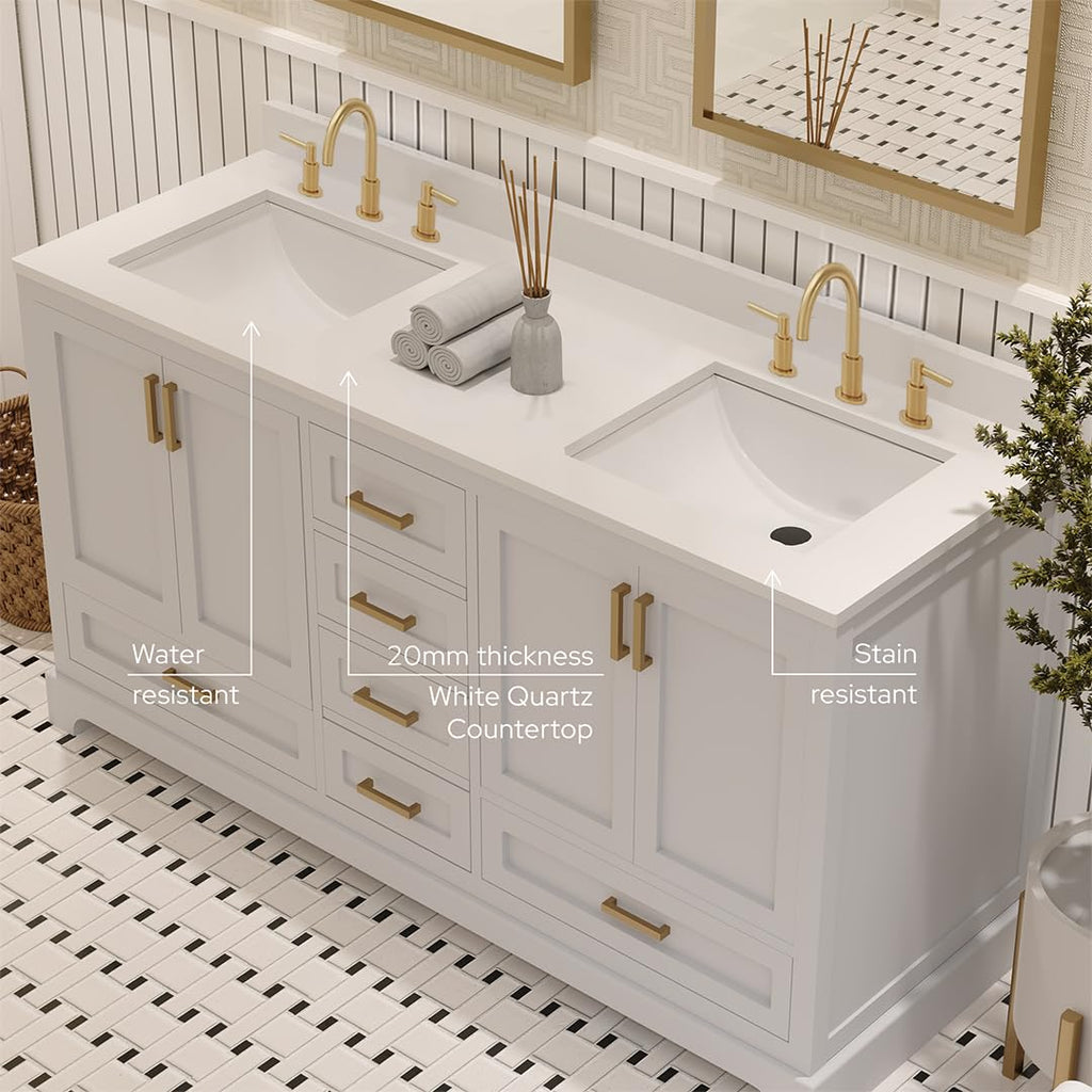 Ayna Decors Maya 72 Inch Double Vanity with Sink and Pre Drilled Faucet Holes Quartz Top in Charcoal Grey, Freestanding Bathroom Vanities with Soft Close Doors and Drawers - Brushed Gold Hardware