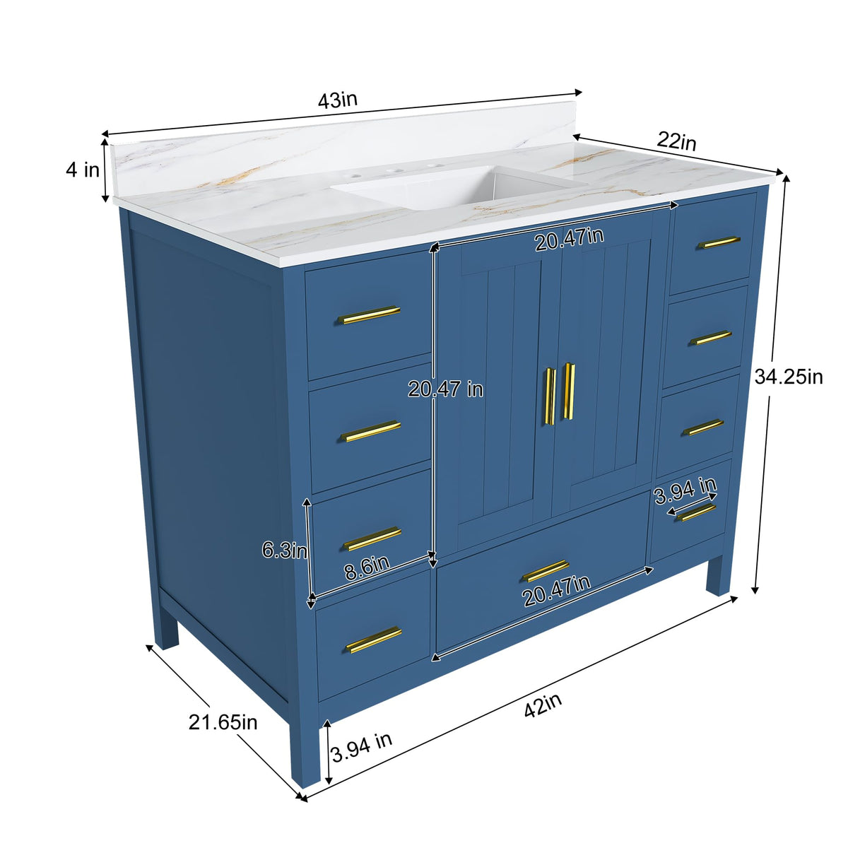 60" Bathroom Vanity Single Sink with 3 Hole, Sink Bathroom Vanity with Solid Wood Frame Storage,Soft Close Double Doors & 9 Sliding Drawers, with Gold Accents