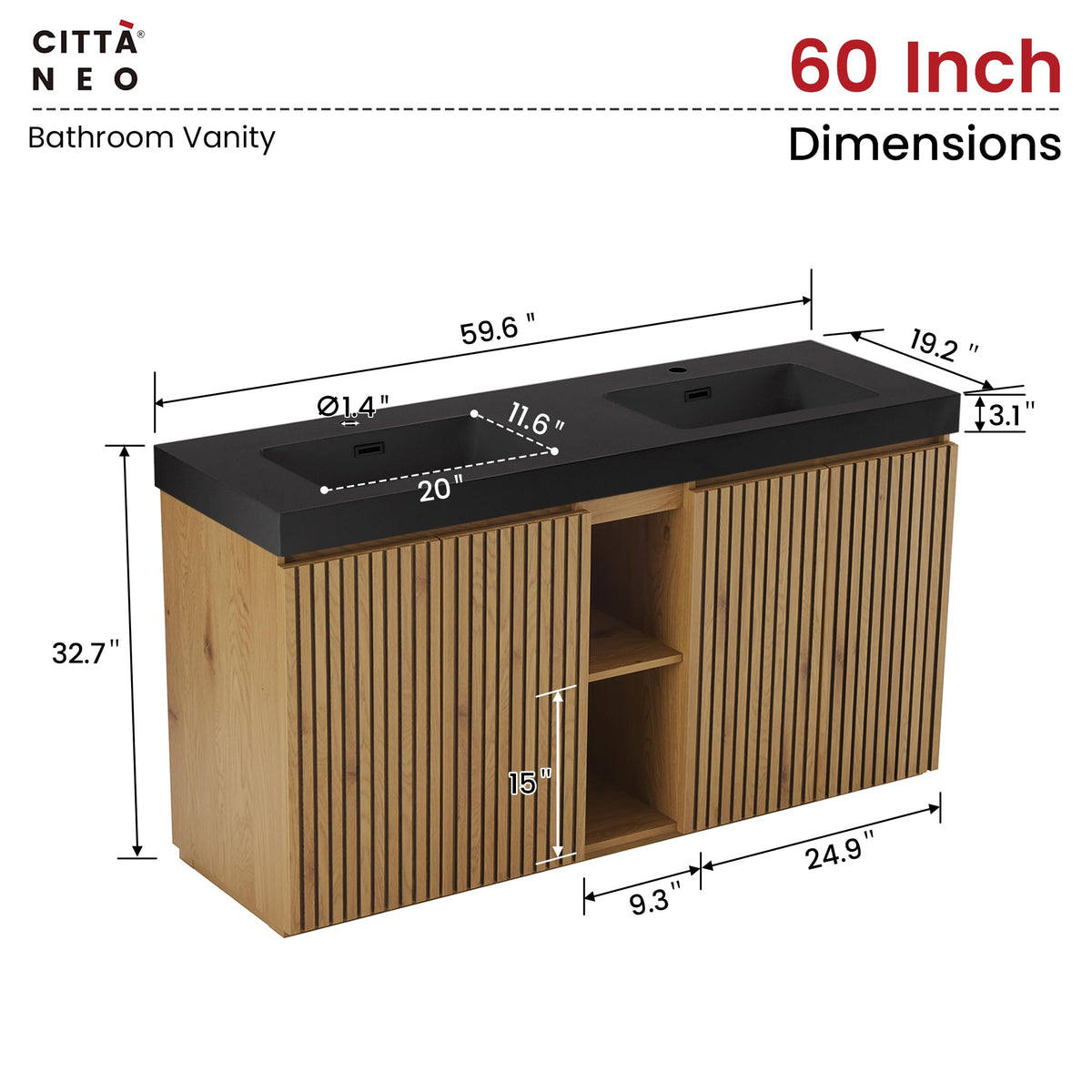 36â Modern Bathroom Vanity with Black Sink, Smoked Brown