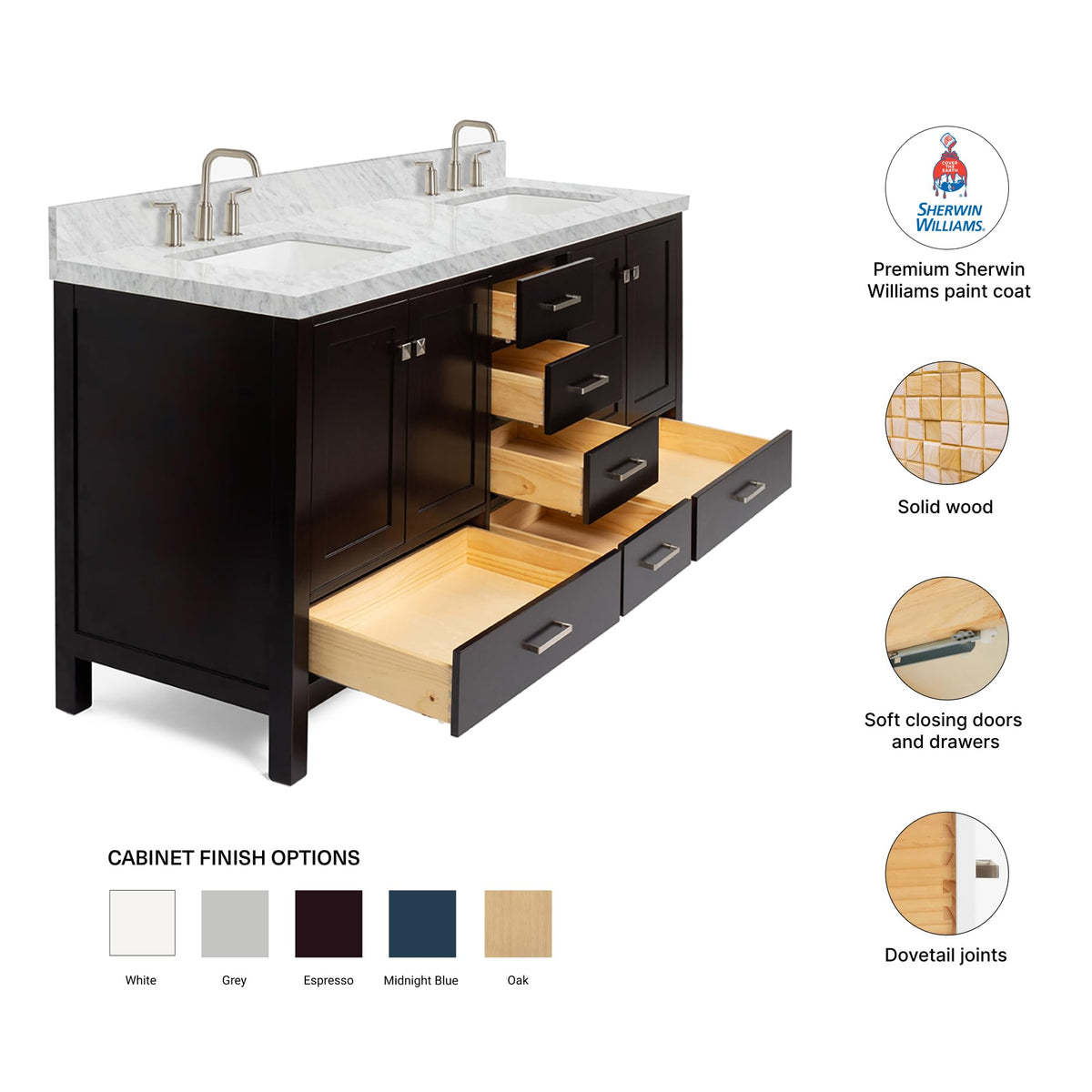 DKB Isabella 72" Oak Double Bathroom Vanity with Sink, 1.5" Carrara White Marble Countertop, Rectangle Undermount Sinks, 4 Soft Closing Doors, 6 Dovetail Drawers