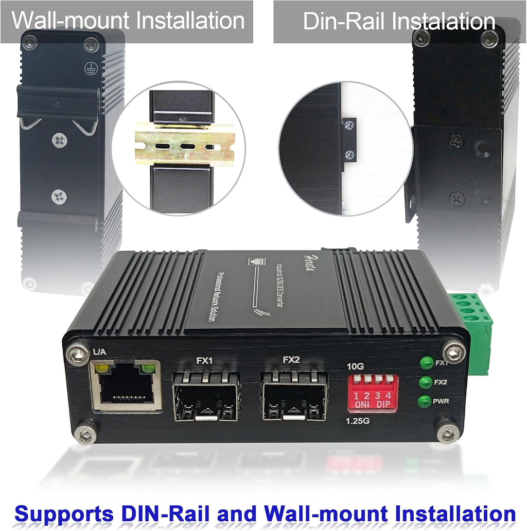 Industrial 10G SFP+ to SFP+ OEO Fiber Media Converter, 3R Repeater Extender Supports 1.25G/10G Rate Switch, Optic Transceiver up to 120km, CWDM/DWDM DDM Loopback, Redundant 12~48VDC, IP40, DIN-Rail