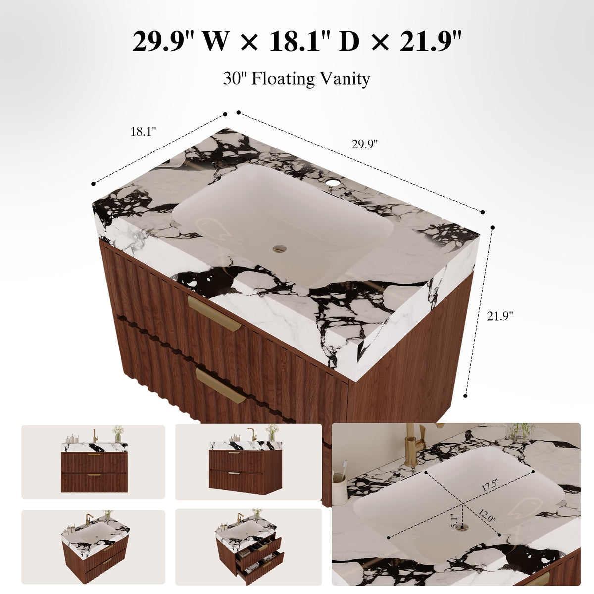 36 Inch Bathroom Vanity with Sink, Black Floating Wall Mounted Vanity