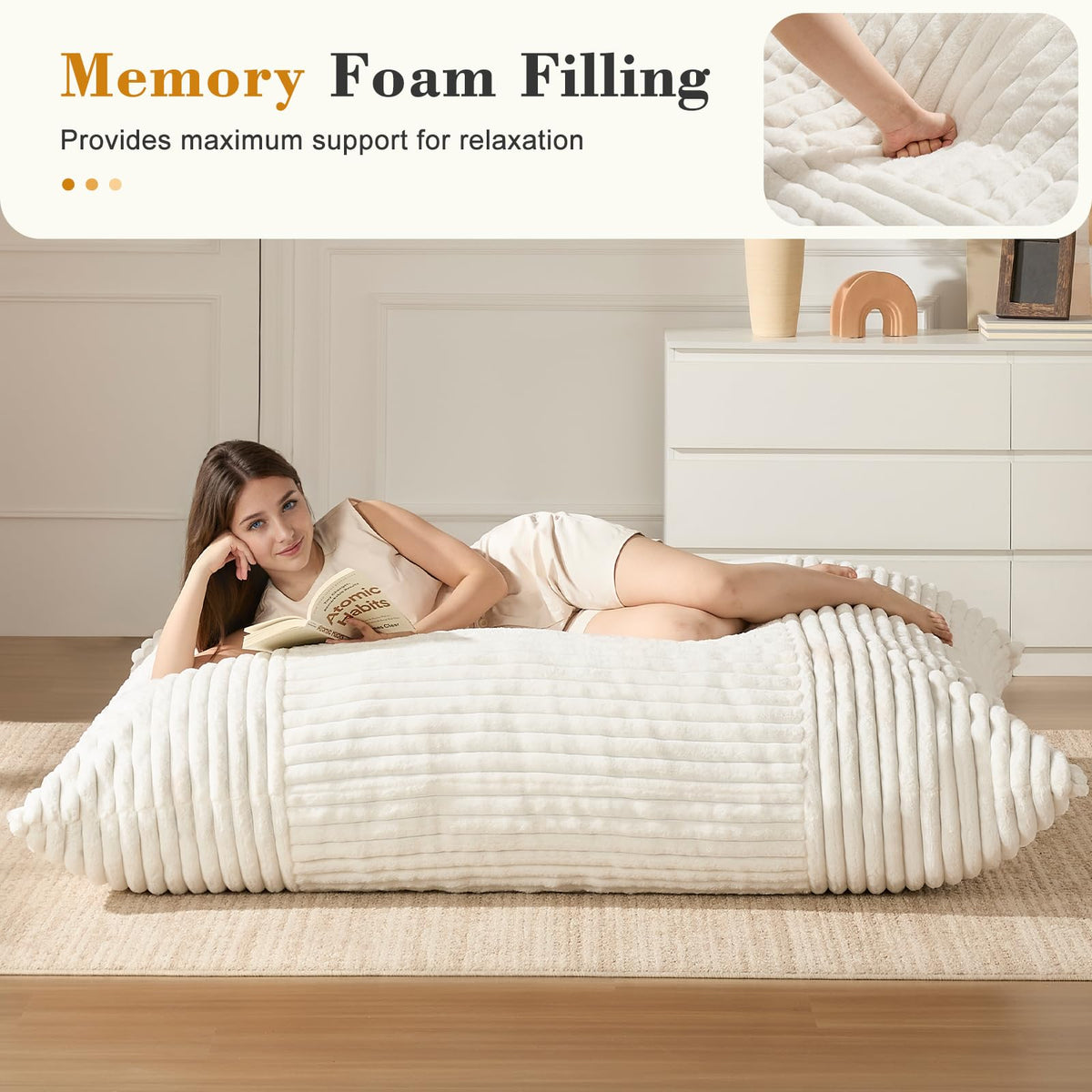 3-in-1 Giant Bean Bag Chair for Adults & Kids, Convertible Floor Sofa to Mattress, Memory Foam Beanbag Chair with Washable Cover, Multi Functional Lounge Couch for Bedroom, Living Room (Dark Grey)