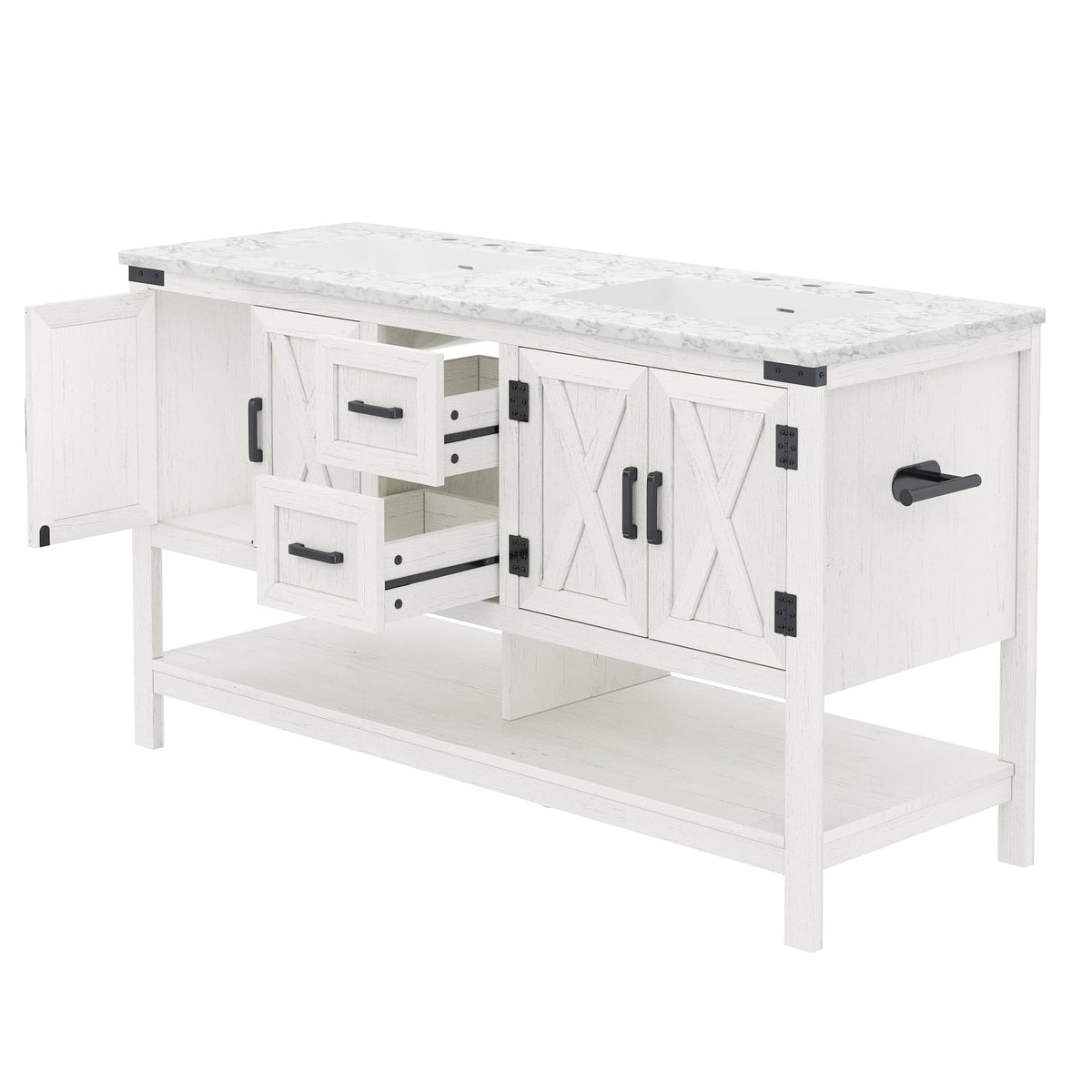 AMERLIFE 48" White Farmhouse Sink Bathroom Vanity, Solid White Top
