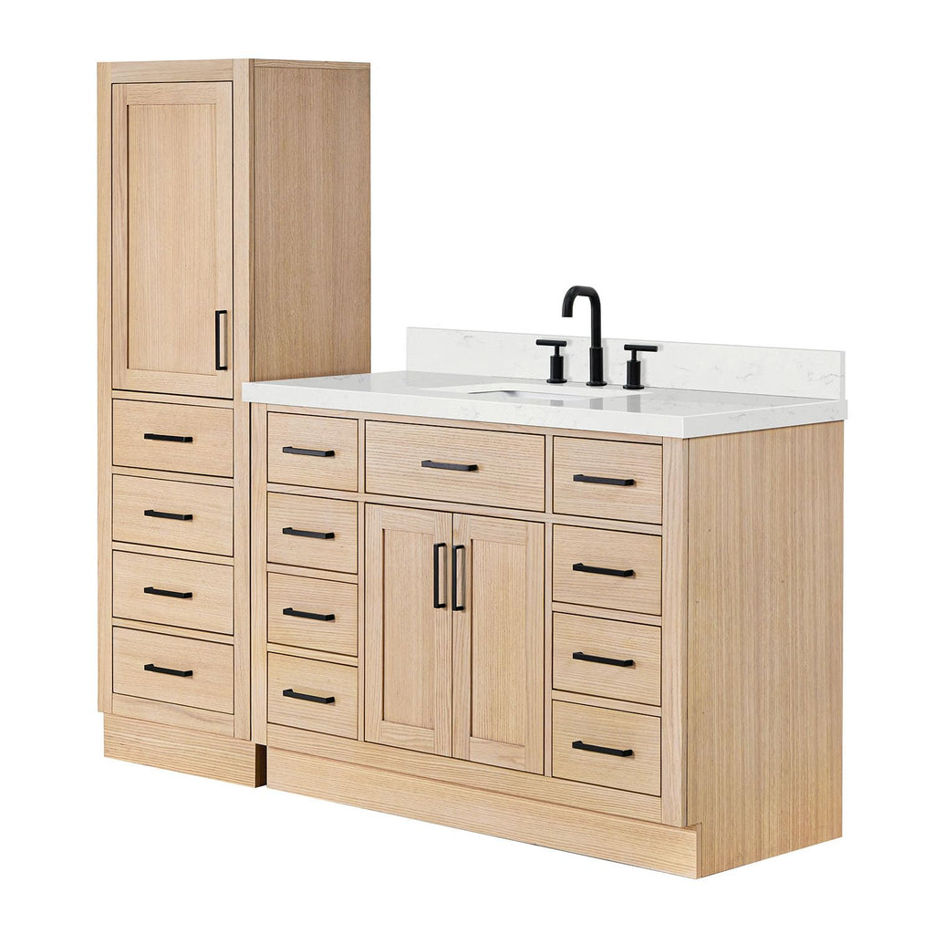 ARIEL Hepburn 92 Inch Includes 20 Inch Linen Cabinet and 1 of 72 Inch Double Rectangle Sink Bathroom Vanity with Carrara White Quartz Countertop 1.5 Inch in Natural Oak