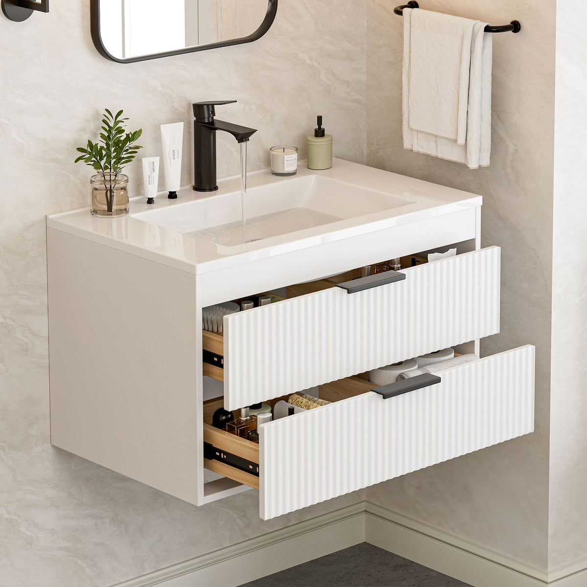 24 Inches Modern MDF Bathroom Vanity with Sink, Wall Mounted Floating Cabinets w/Double Drawers, Black Handles, White Resin Sink Combo Set (Black, 24")