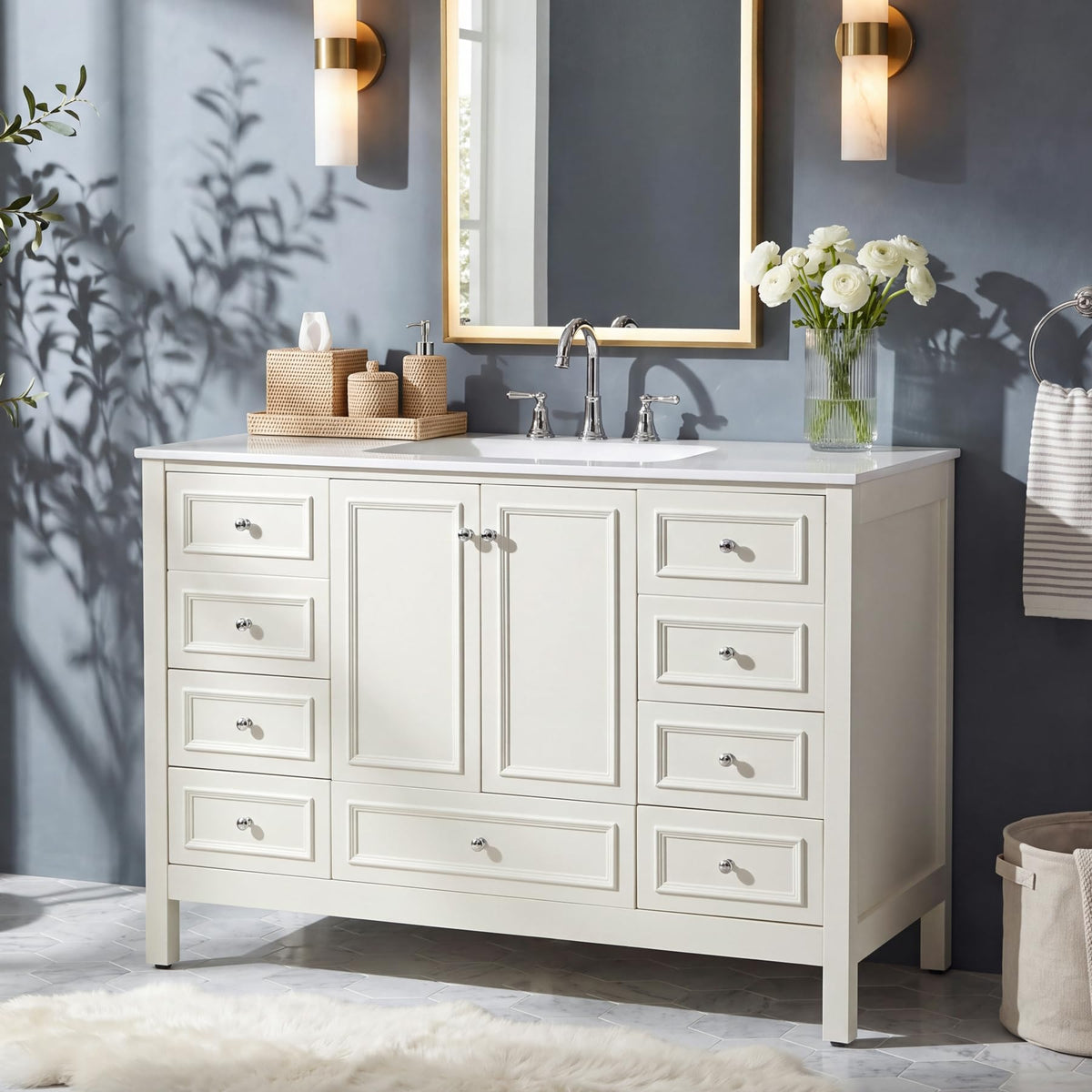 Tribesigns 30" Bathroom Vanity with Sink, Freestanding Bathroom Vanities Cabinet with Ceramic Basin Combo, Bathroom Sink Cabinet with 2 Doors and 1 Drawer, Solid Wooden Frame (Navy Blue, 30 INCH)