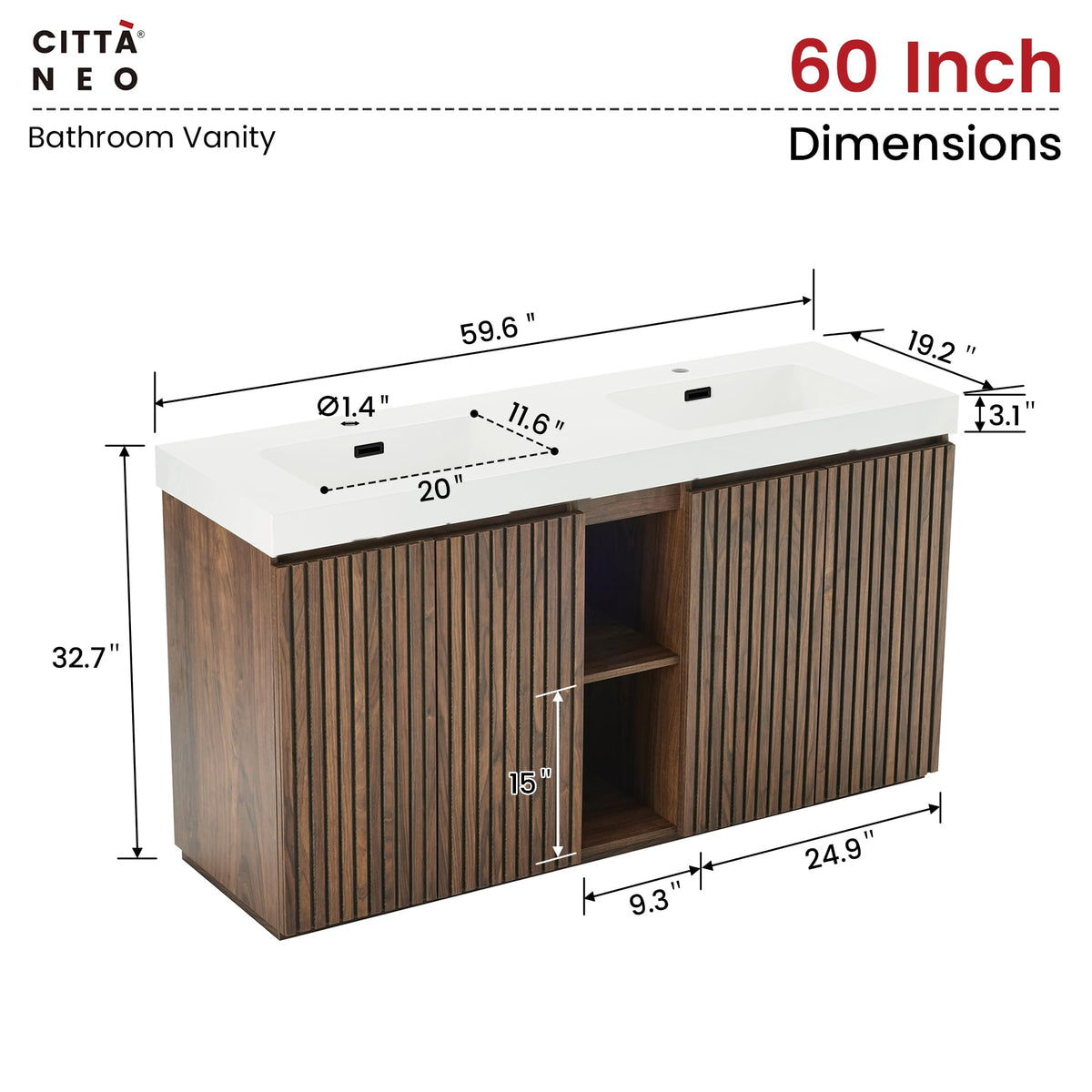 36â Modern Bathroom Vanity with Black Sink, Smoked Brown