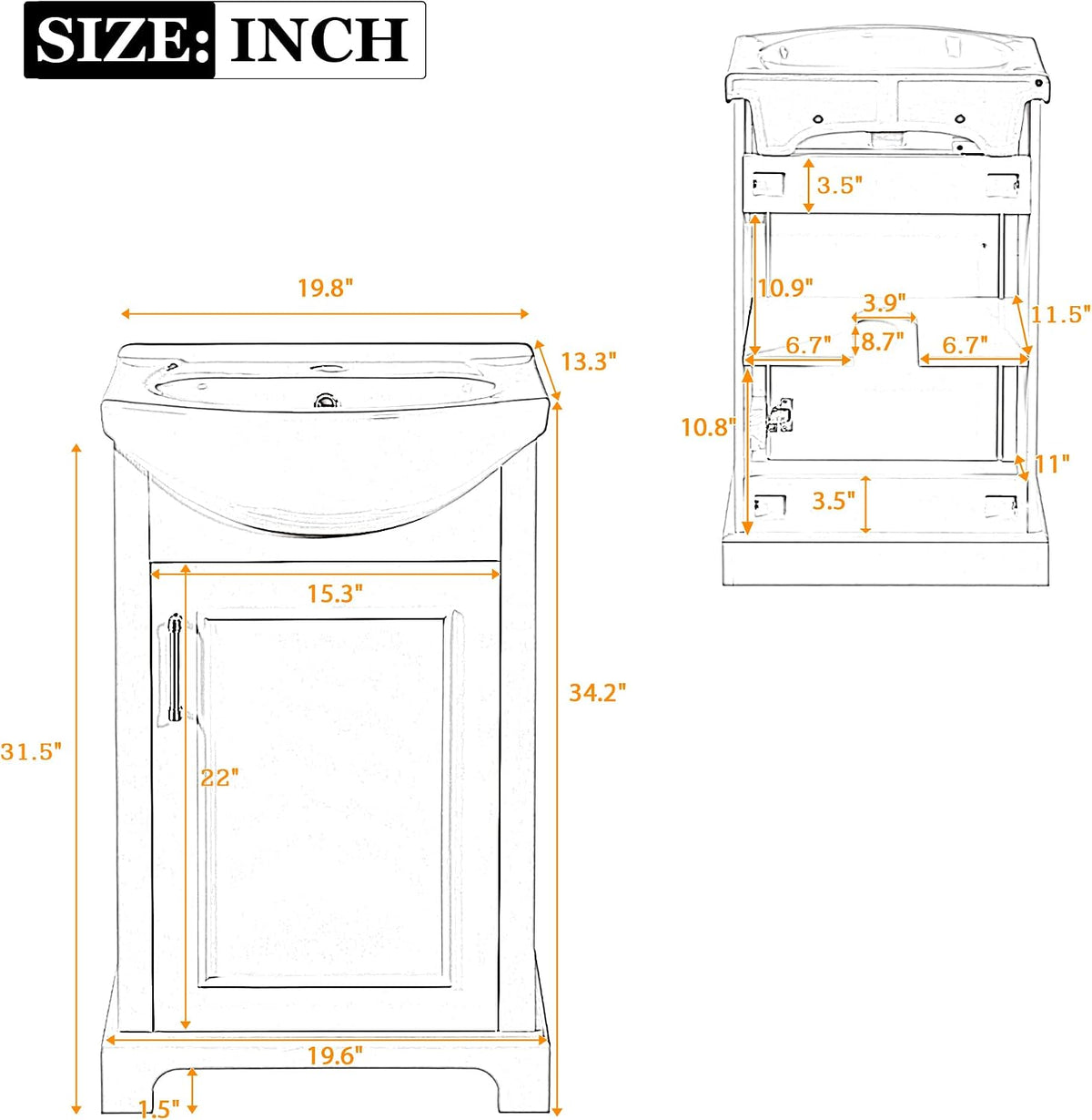 YOPTO 20" Bathroom Vanity with Ceramic Sink, French Style, Black